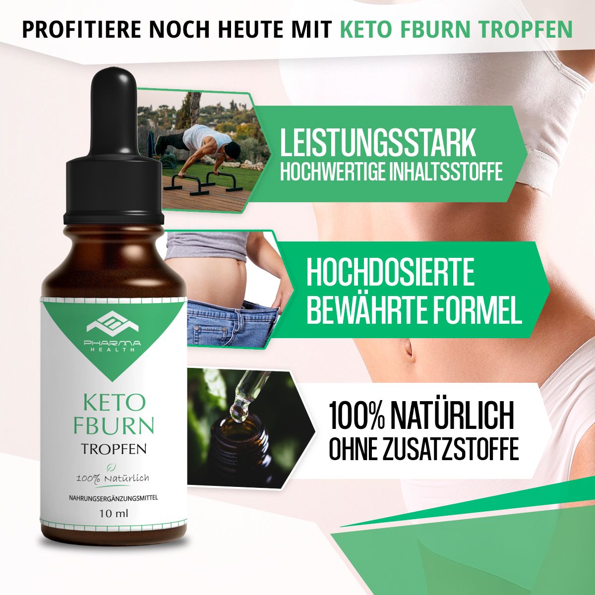 Flasche Keto FBurn Tropfen neben Grafiken. Text: Leistungsstark, hochdosiert, 100% natürlich. Personen beim Sport.