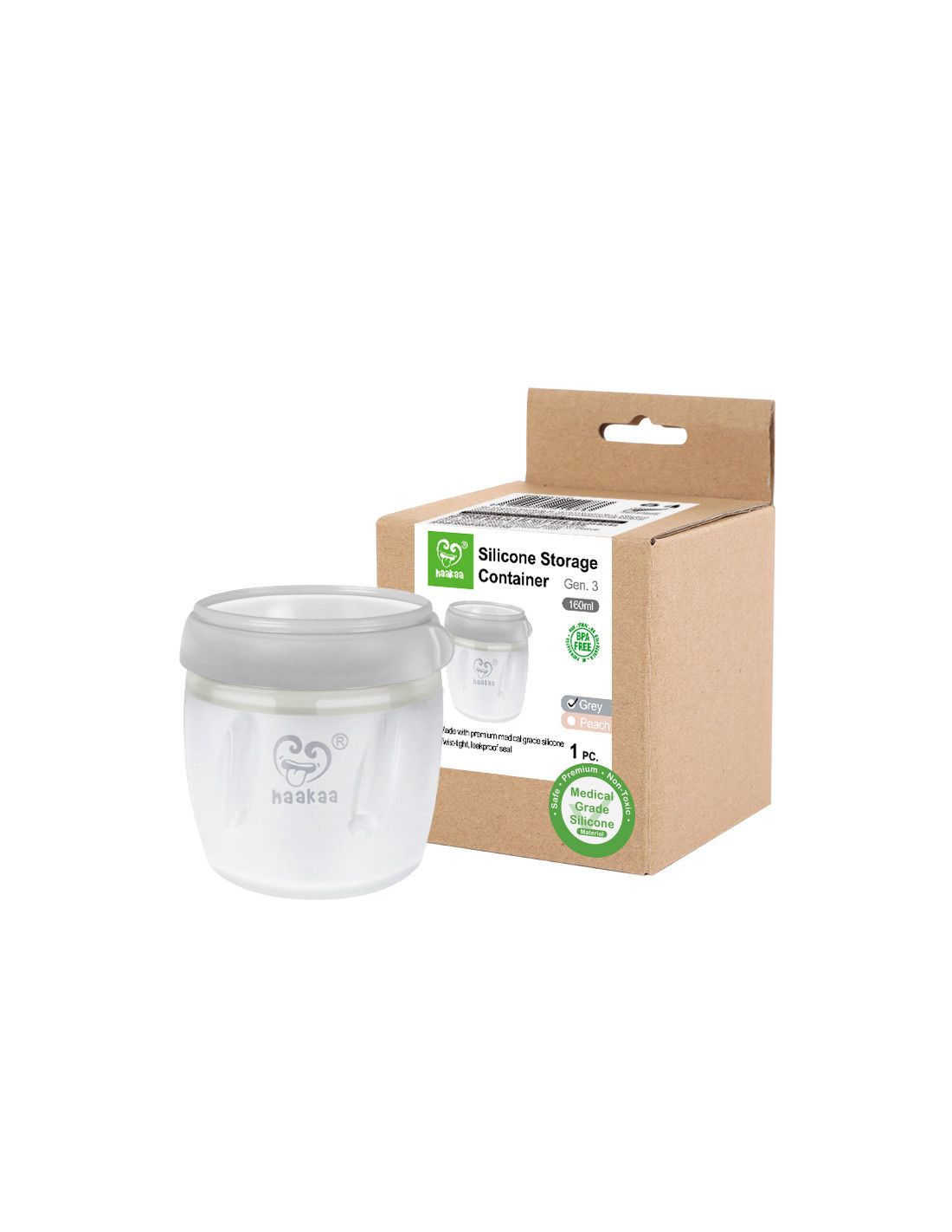 Behälter mit Deckel und Verpackung. Auf der Verpackung steht "Silicone Storage Container".