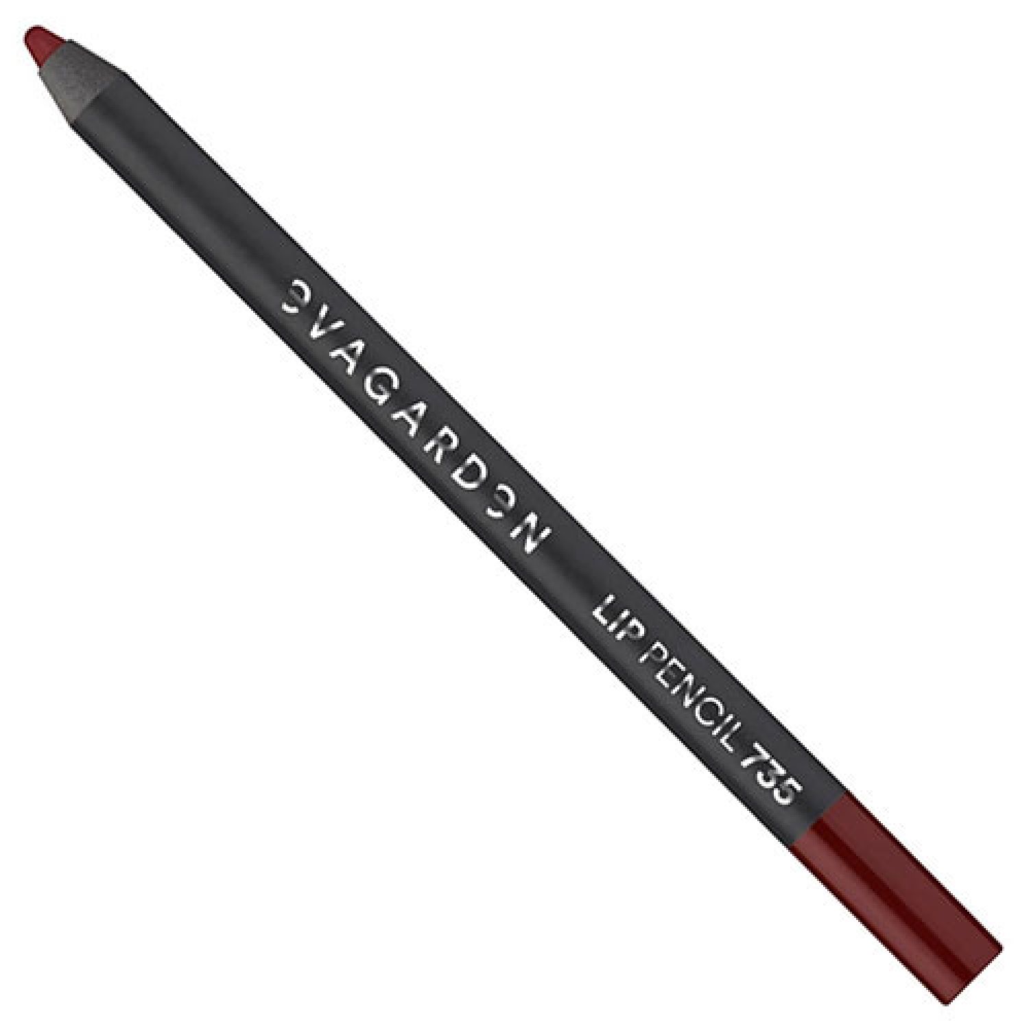 Lippenstift, dunkelrot. Aufschrift: LIP PENCIL 735. Marke: EVAGARDEN. Schwarzer Stift.