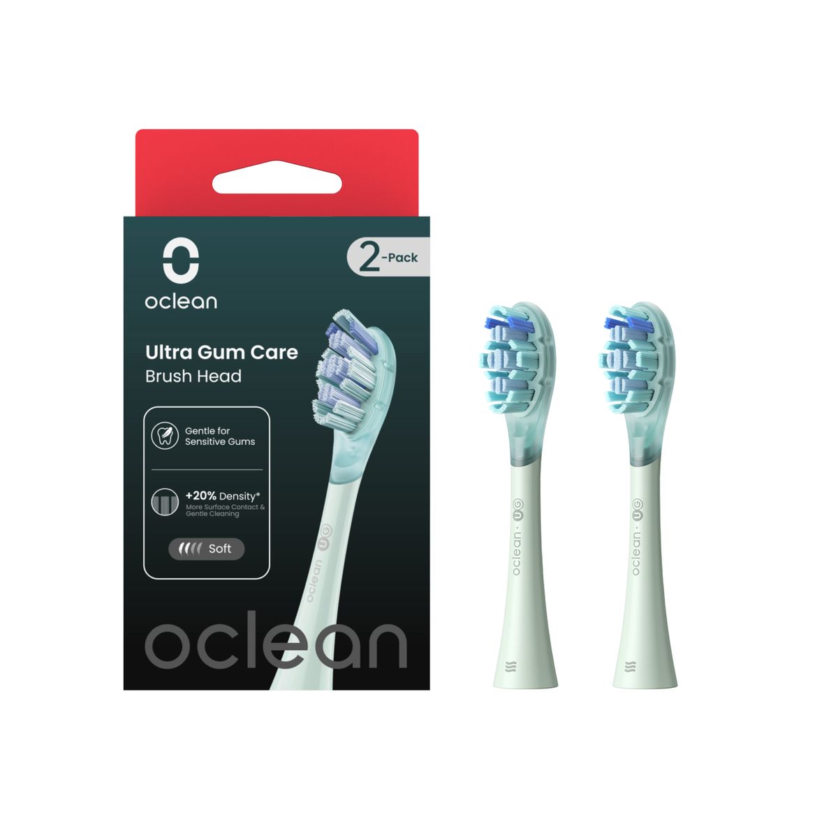 Zwei grüne Oclean Ultra Gum Care Bürstenköpfe. Verpackung mit Produktname und 2-Pack-Angabe. Weiche Borsten, für empfindliches Zahnfleisch.