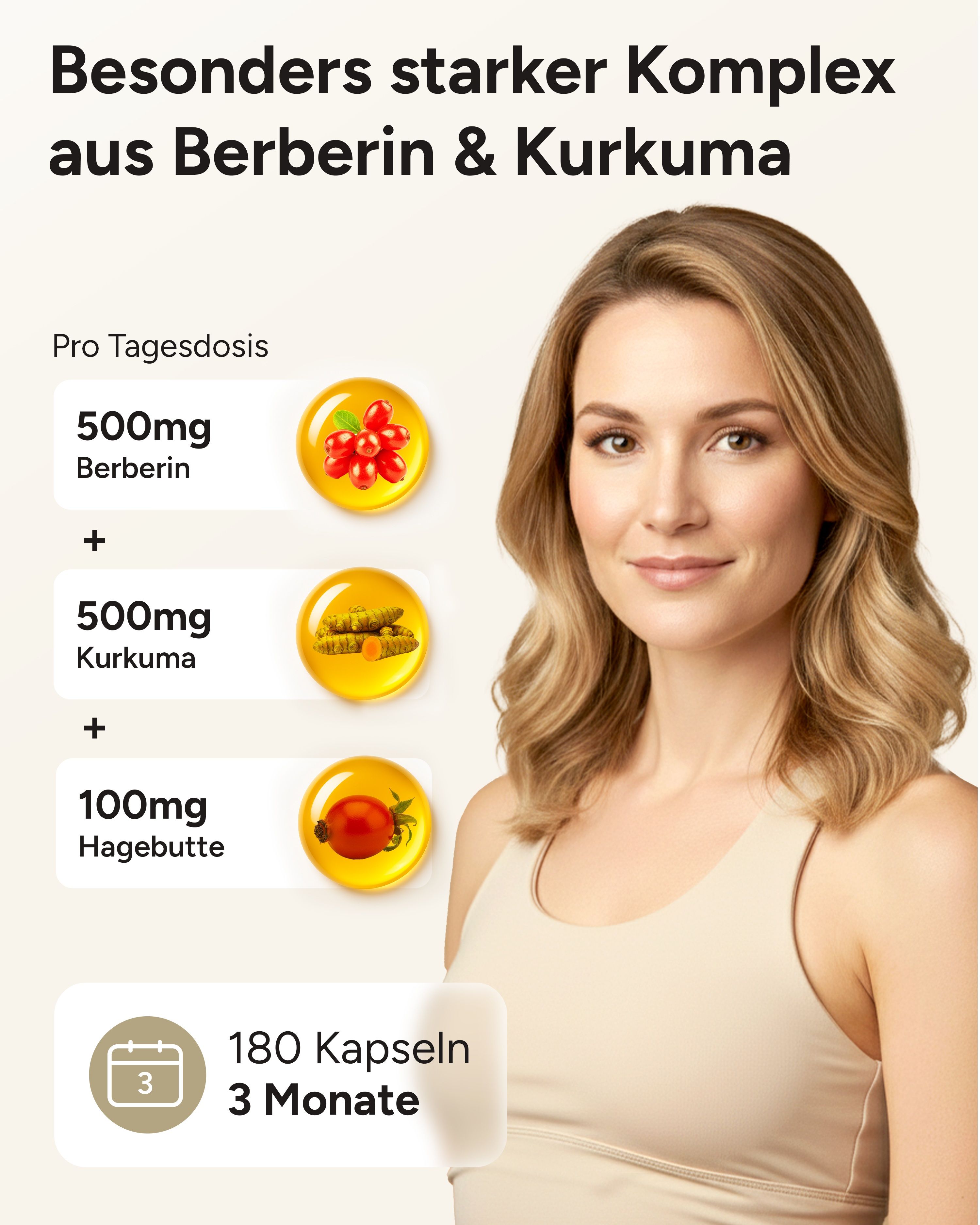Frau mit blonden Haaren. Grafik mit 500mg Berberin, 500mg Kurkuma, 100mg Hagebutte. 180 Kapseln, 3 Monate.