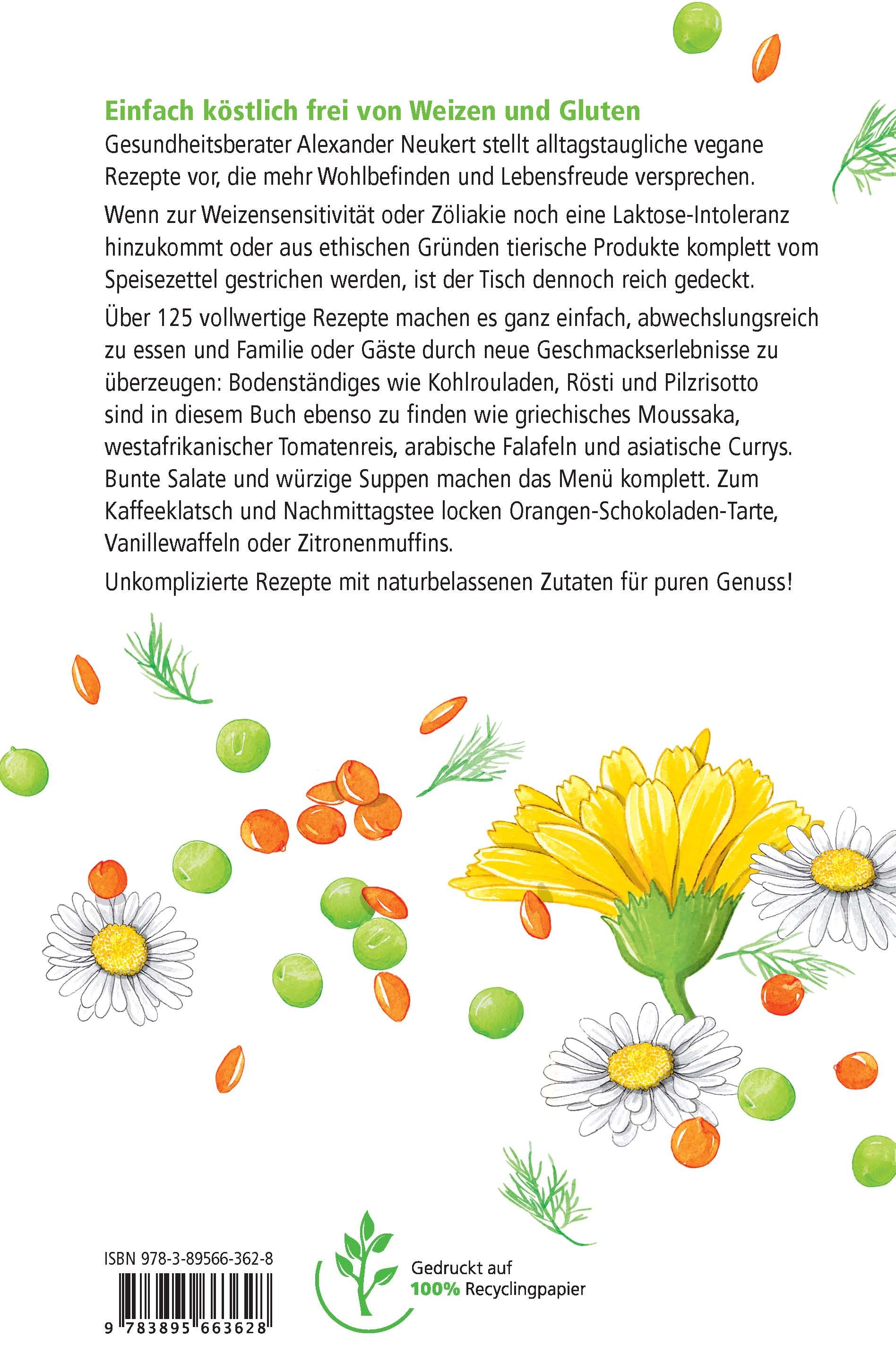 Rückseite des Buches "Glutenfrei vegan". Text über vegane Rezepte. Illustration mit Blumen, Erbsen und Linsen. ISBN-Nummer.