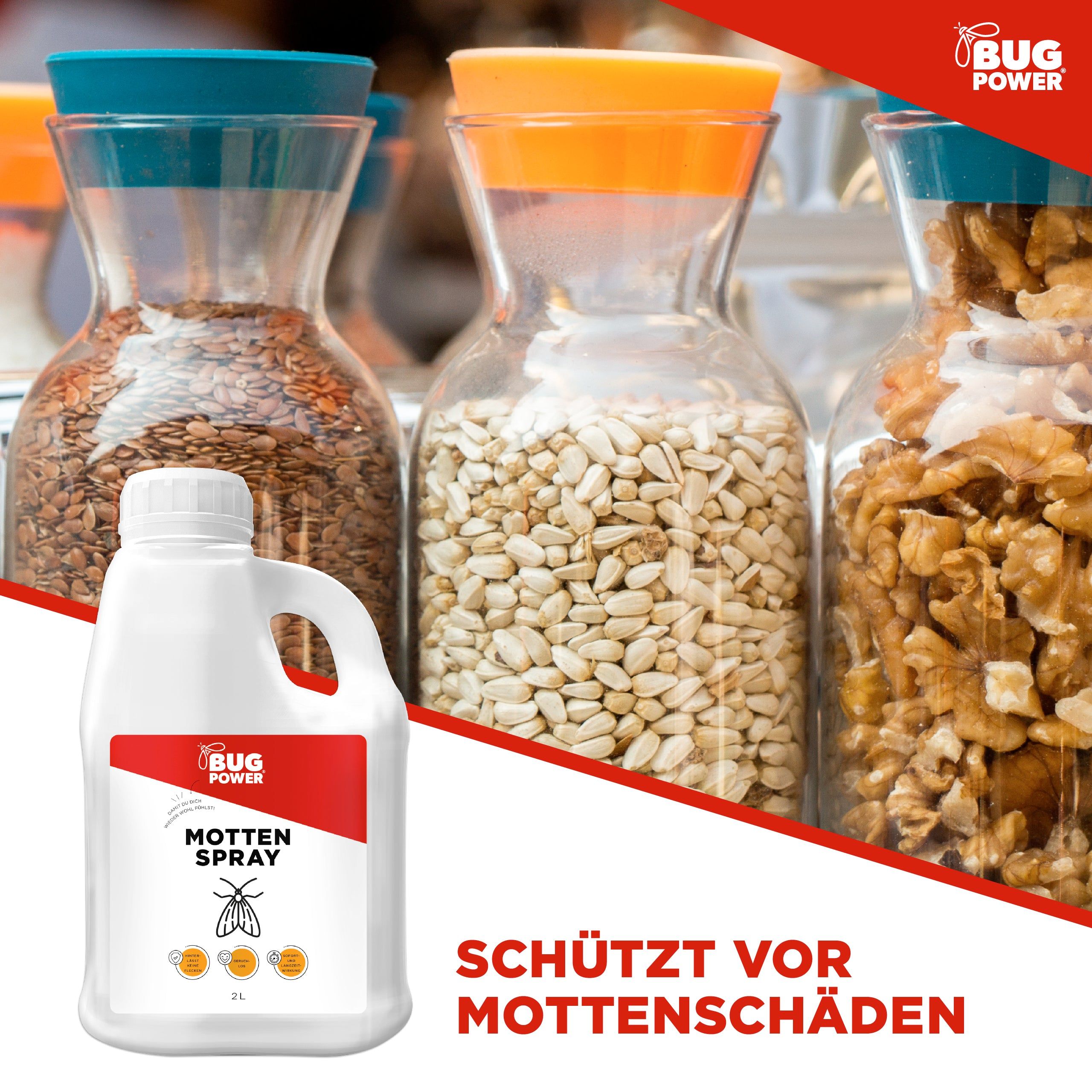 Weiße Flasche vor Gläsern mit Lebensmitteln. Aufschrift: MOTTTEN SPRAY. Logo: BUG POWER. Text: Schützt vor Mottenschäden.