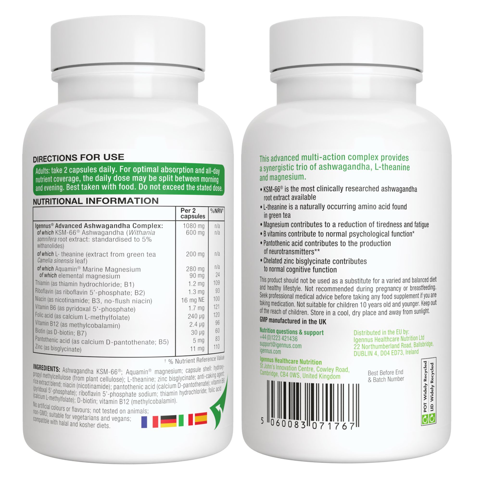 Vorder- und Rückseite einer Flasche Igennus Ashwagandha KSM-66 mit Nährwertangaben.