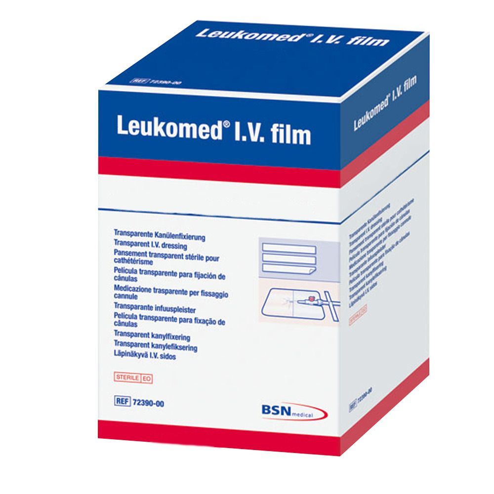 Kartonverpackung mit Produktbezeichnung "Leukomed I.V. film". Blaue und rote Akzente. Mehrsprachige Produktinformationen.