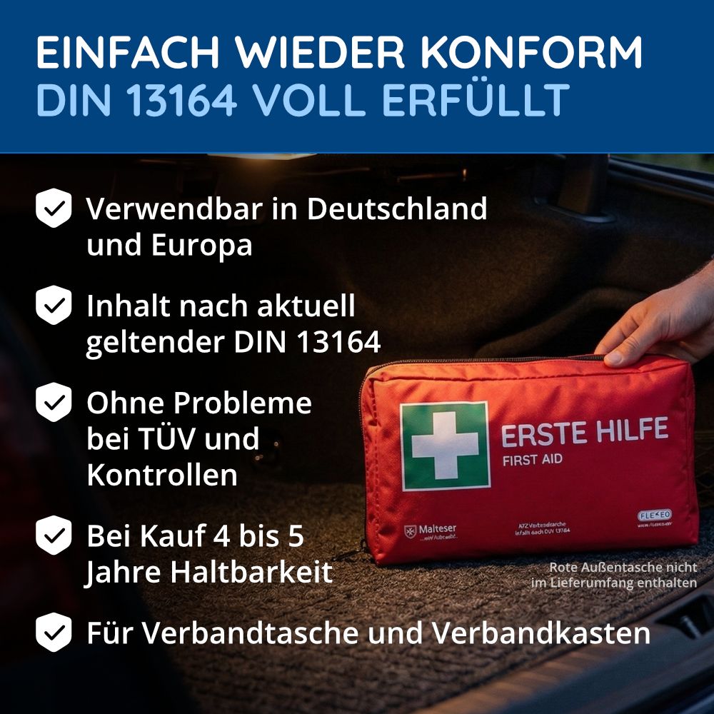 Rote Erste-Hilfe-Tasche mit weißem Kreuz. Text: Erste Hilfe. Informationen zu Verwendbarkeit, Inhalt, TÜV-Konformität und Haltbarkeit.