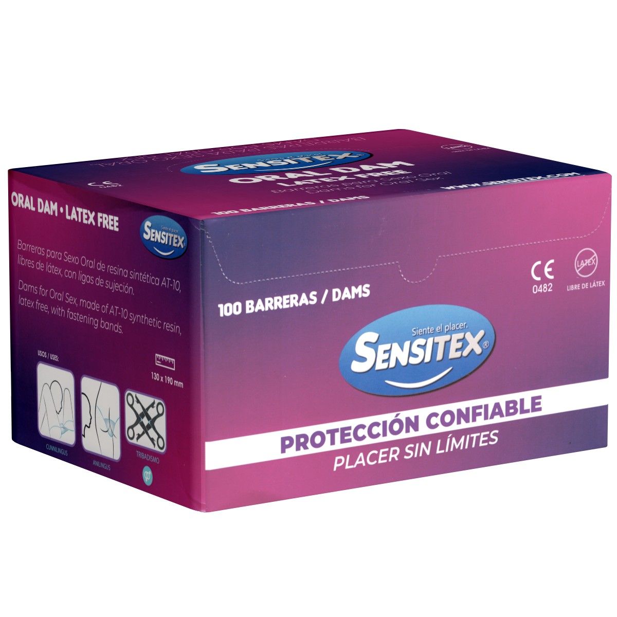 Verpackung von Sensitex Oral Dam, latexfrei. Enthält 100 Barrieren. Aufdrucke: CE-Kennzeichnung, Produktname, und Text in Spanisch.
