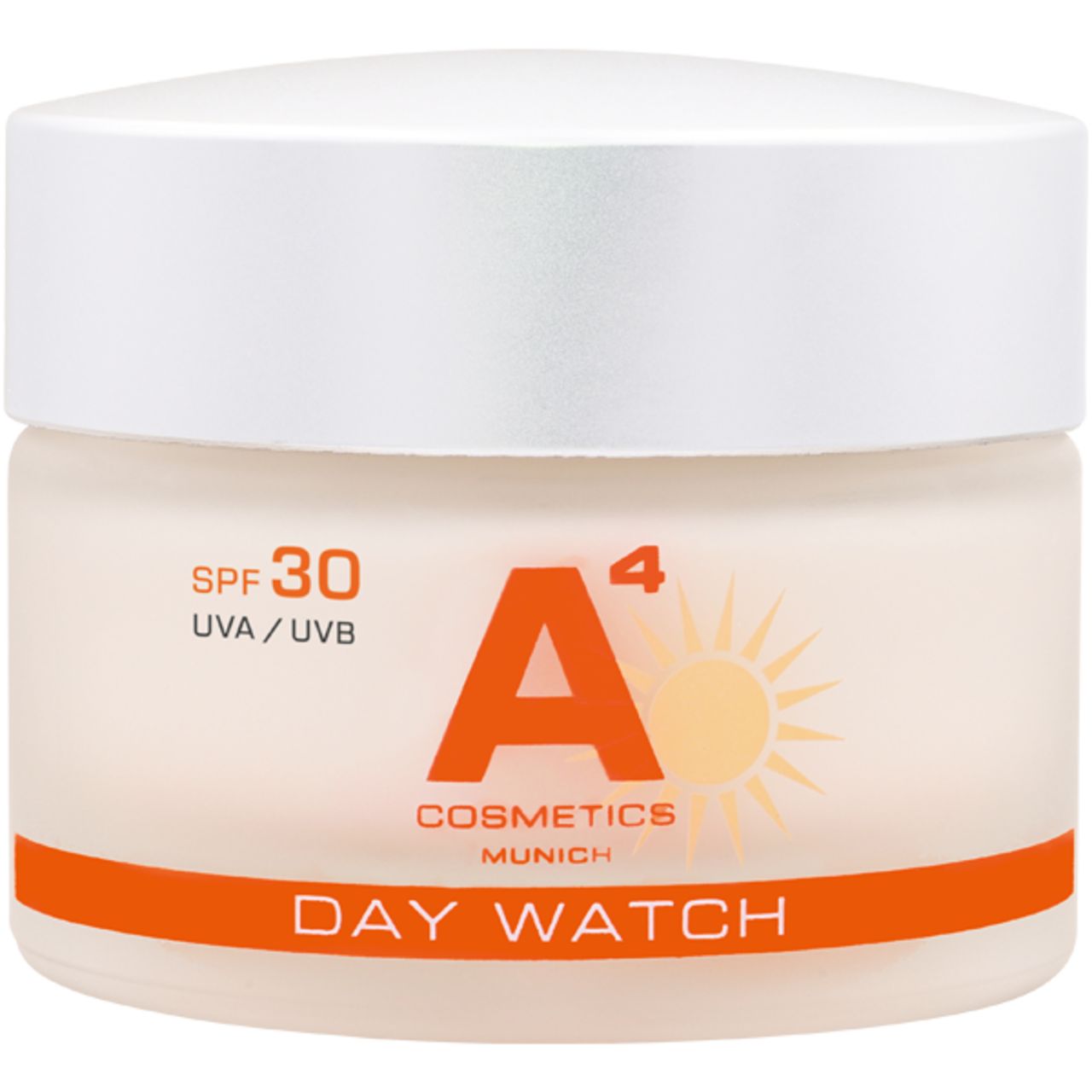 Creme-Tiegel mit Deckel. Aufschrift: A4 Cosmetics, Day Watch SPF 30. Sonnenlogo.