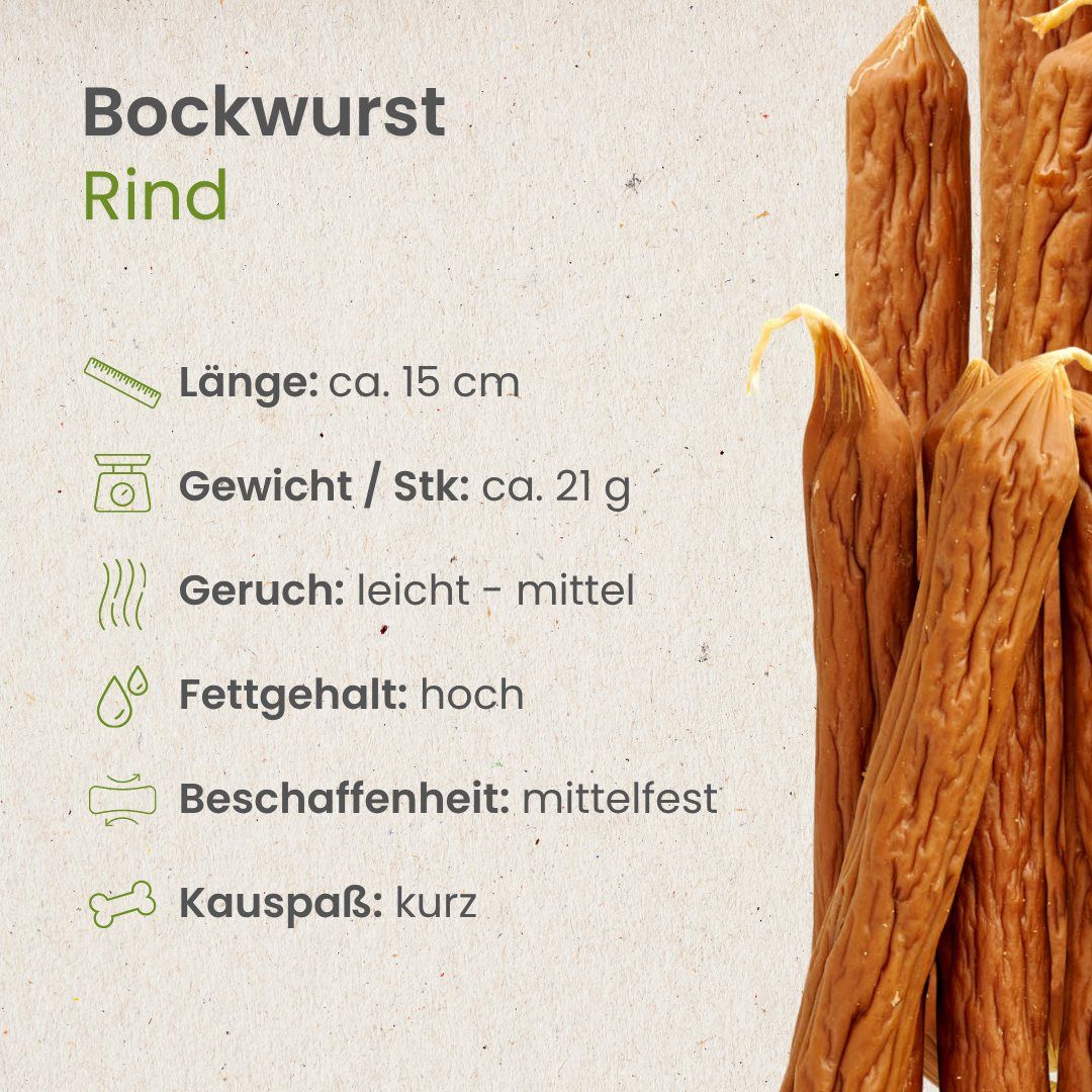 Rinder-Bockwurst für Hunde, ca. 15 cm lang, 21 g pro Stück, mittelfest, hoher Fettgehalt.