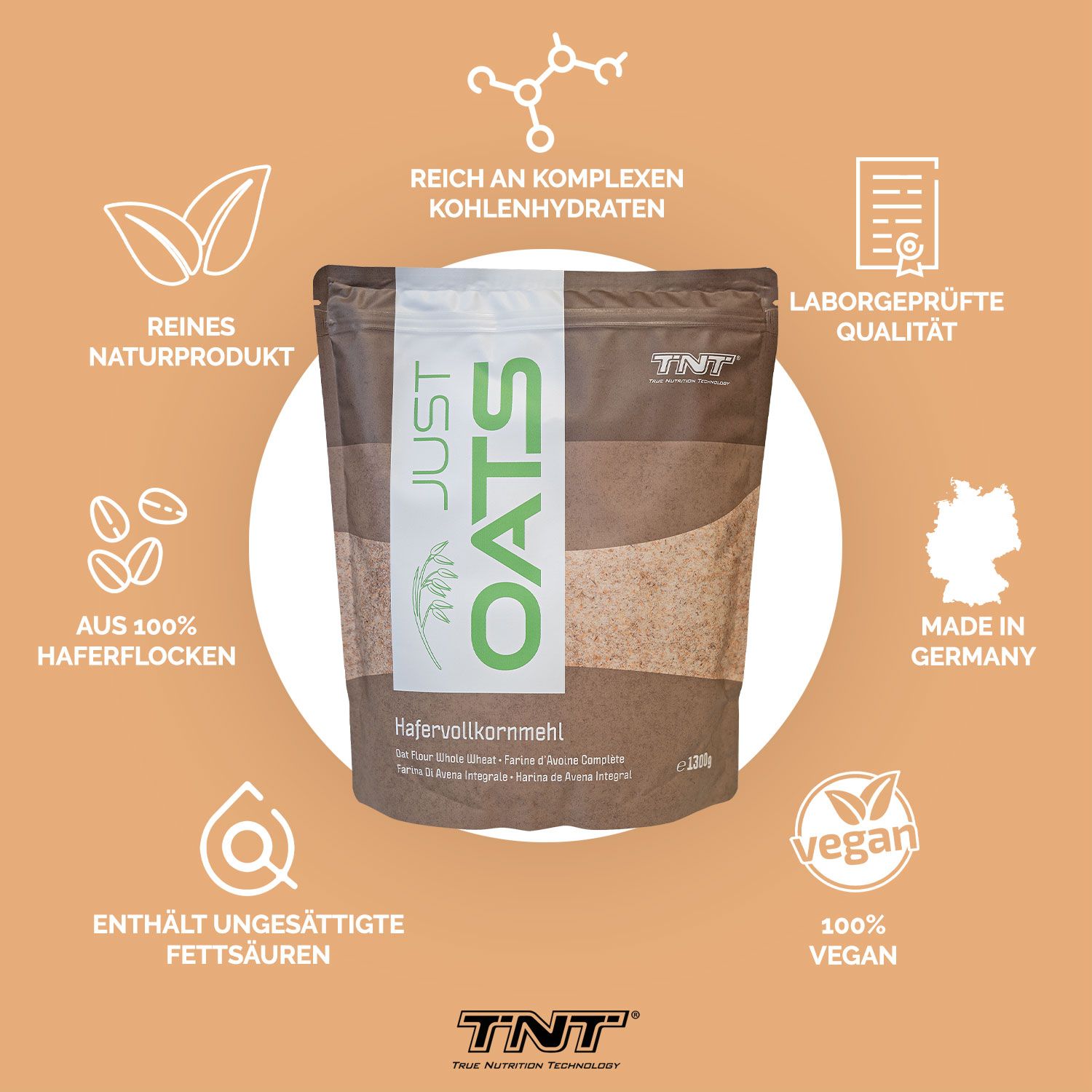 Produktverpackung mit Text und Icons. Aufschrift: JUST OATS, Hafervollkornmehl, TNT. Icons: vegan, Laborgeprüfte Qualität, Made in Germany.