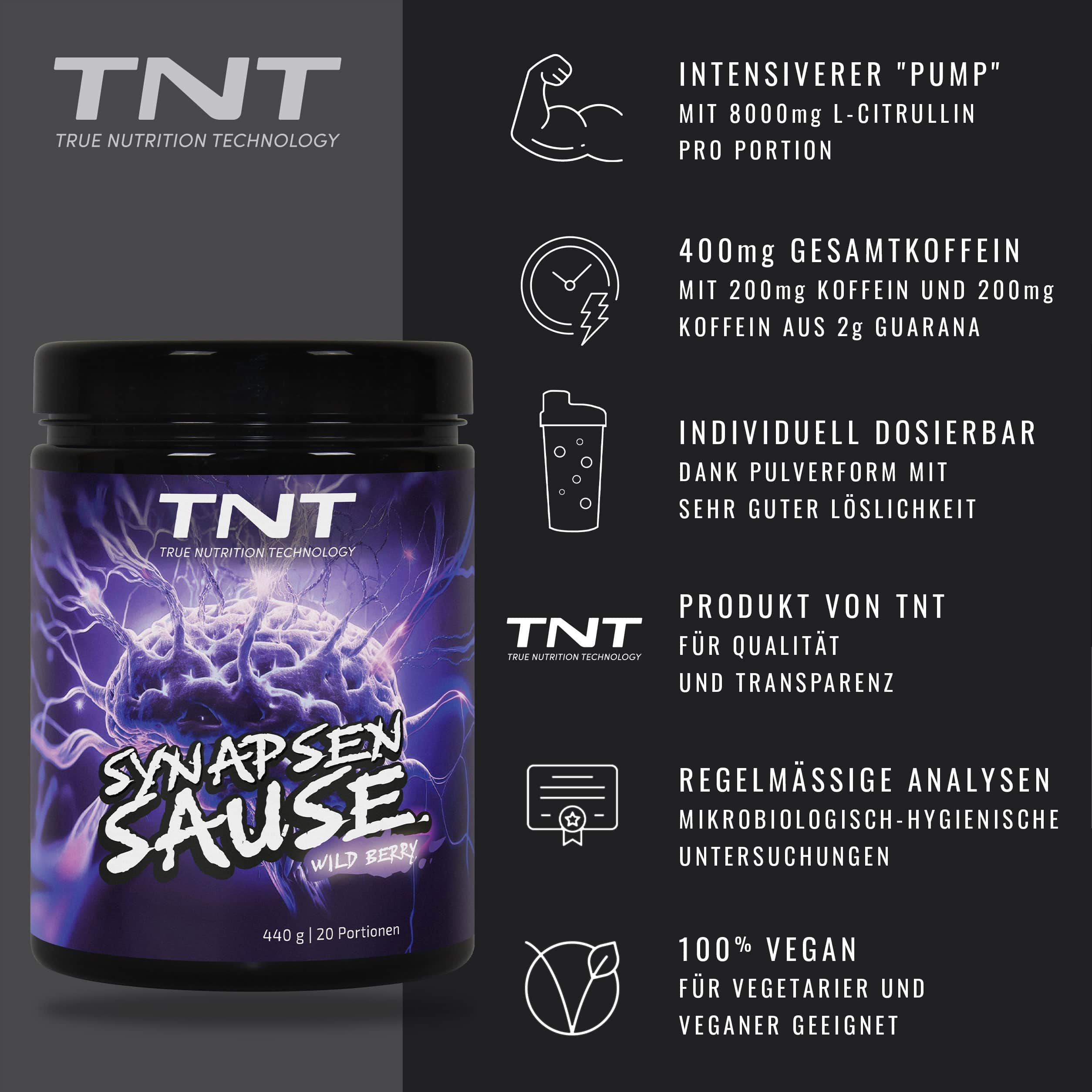 TNT Synapsensause-Produkt mit Informationen. Enthält 400mg Koffein, 8000mg L-Citrullin. Vegan. Schwarzer Hintergrund.