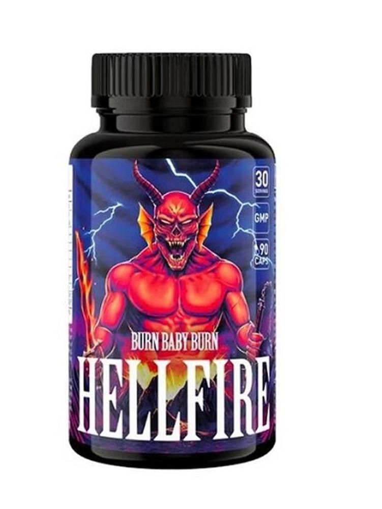 Schwarze Flasche mit rotem Etikett. Aufdruck: "HELLFIRE", Abbildung eines Dämons. Enthält 90 Kapseln.