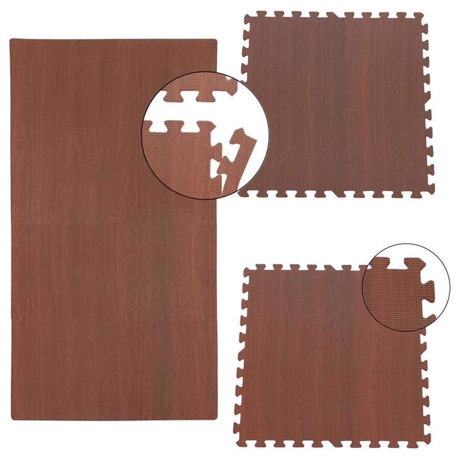 Drei braune Puzzlematten mit Holzoptik. Zwei Matten sind rechteckig, eine ist quadratisch. Detailansichten zeigen die Verzahnung.