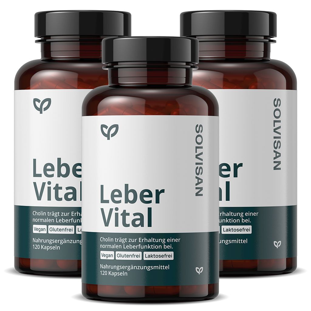 Drei braune Flaschen mit schwarzen Deckeln. Auf den Etiketten steht "Leber Vital" und "SOLVISAN". Vegan, glutenfrei, laktosefrei.