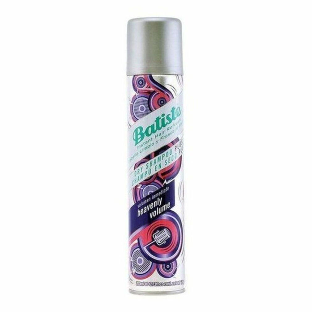 Trockenshampoo-Spraydose. Silberner Deckel, lila-weißes Muster. Text: Heavenly Volume.