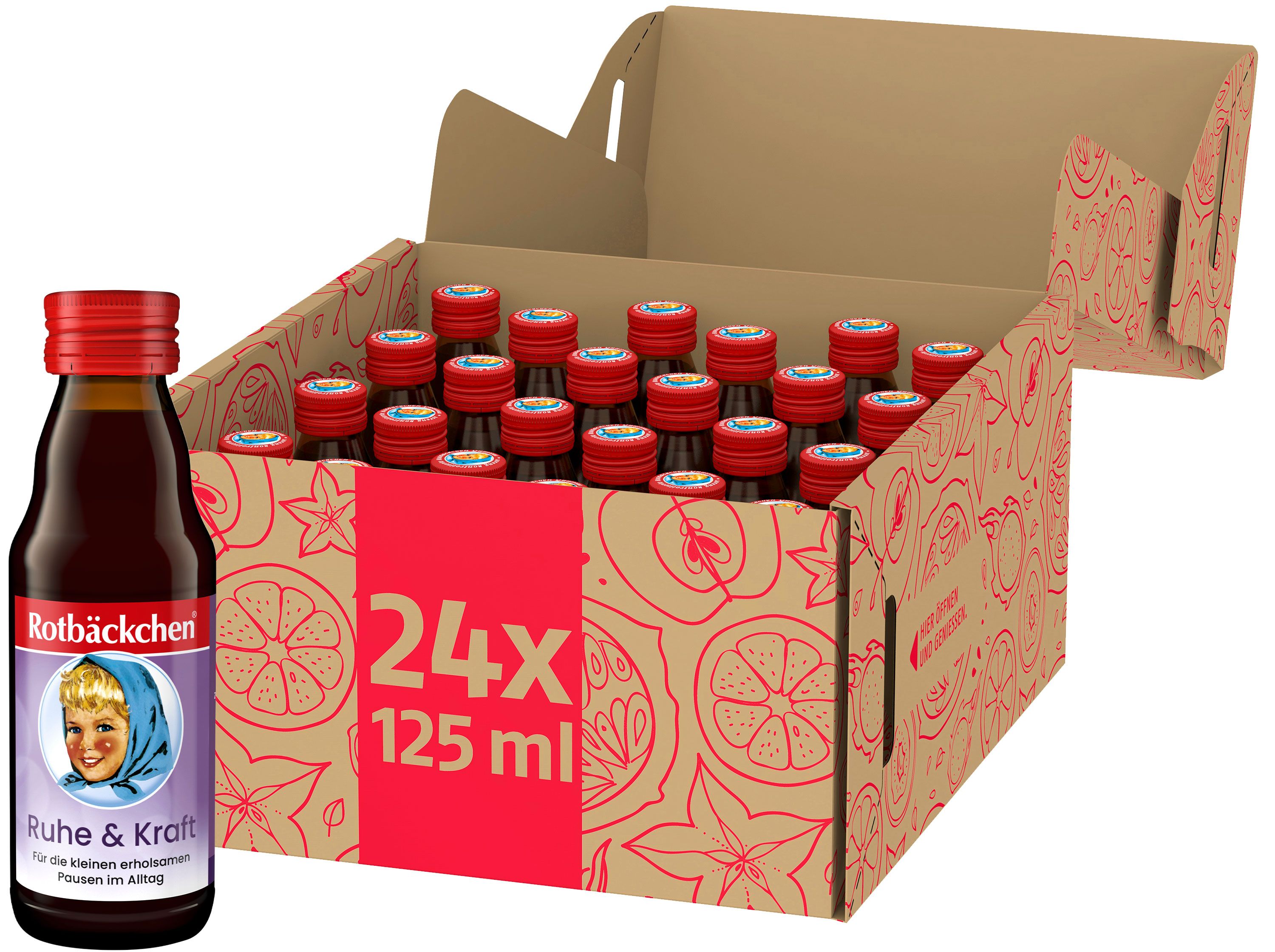 Braune Flaschen mit rotem Verschluss in Karton. Auf einer Flasche ist das Etikett mit dem Produktnamen und einem Kind abgebildet. Karton mit Aufdruck.