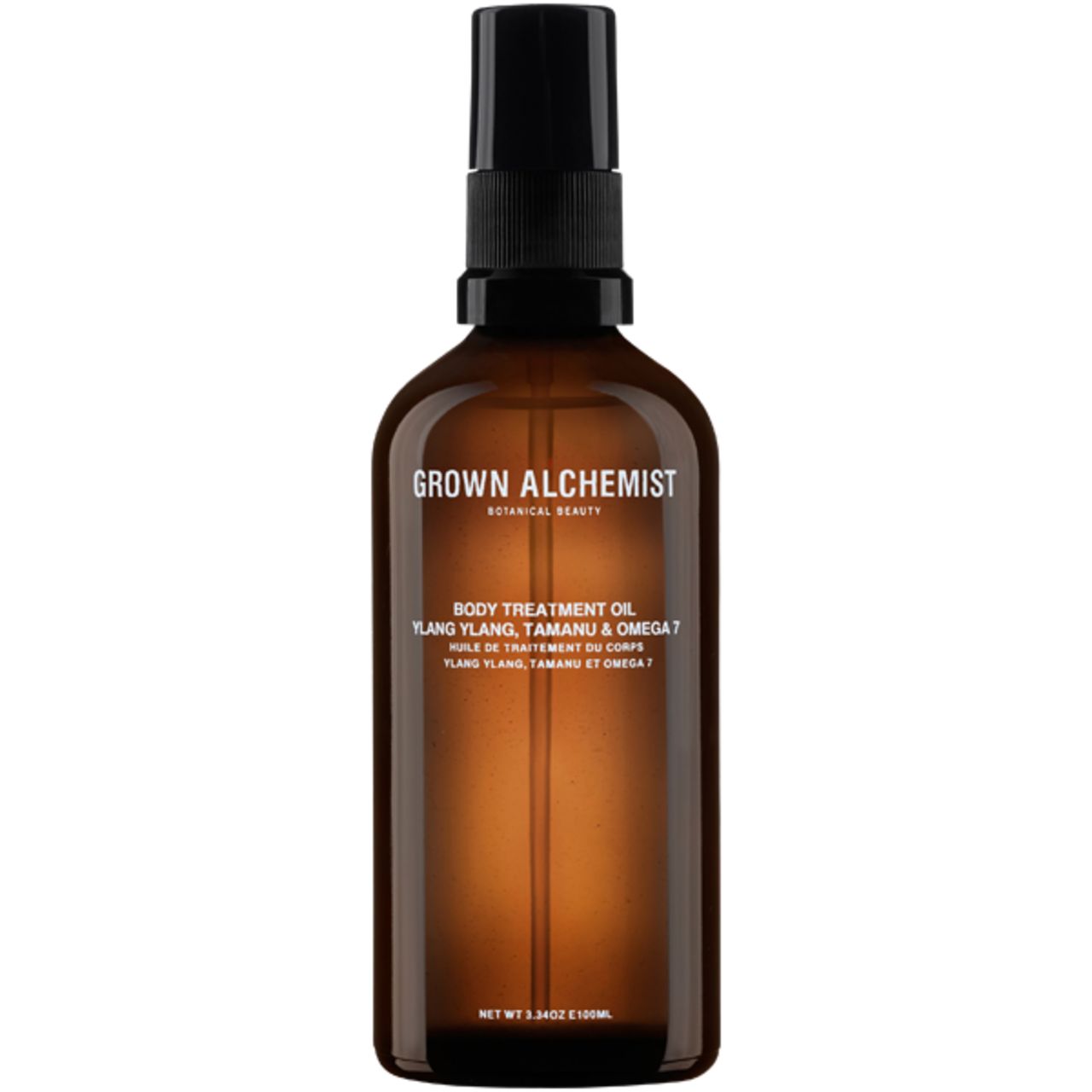 Braune Glasflasche mit schwarzem Sprühkopf. Beschriftung: Grown Alchemist, Body Treatment Oil.