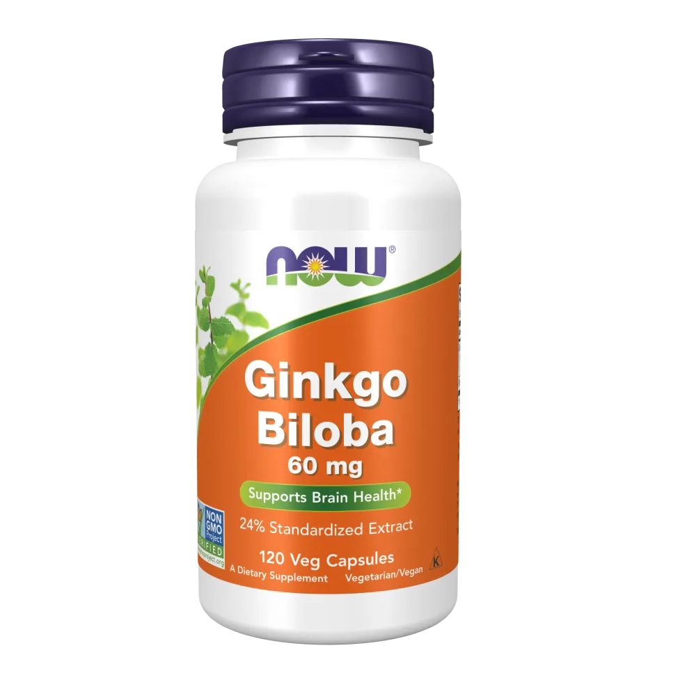 Weiße Flasche mit blauem Deckel. Aufschrift: Ginkgo Biloba 60 mg, 120 Veg Capsules. Vegetarisches Nahrungsergänzungsmittel.