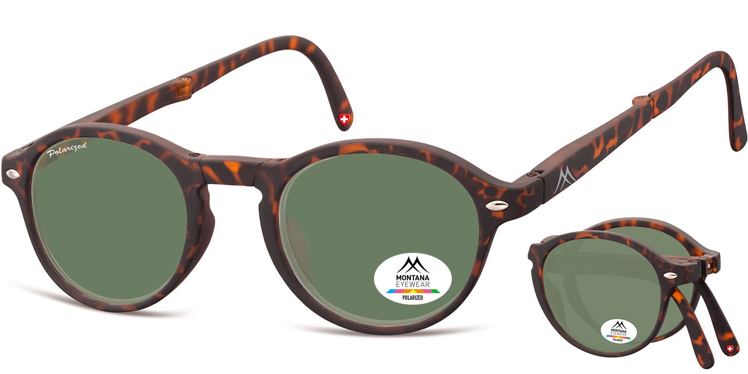 Braune, runde Sonnenbrille, teilweise zusammengeklappt. Grüne Gläser. Logo und Polarized-Aufkleber. Schweizer Kreuz am Bügel.