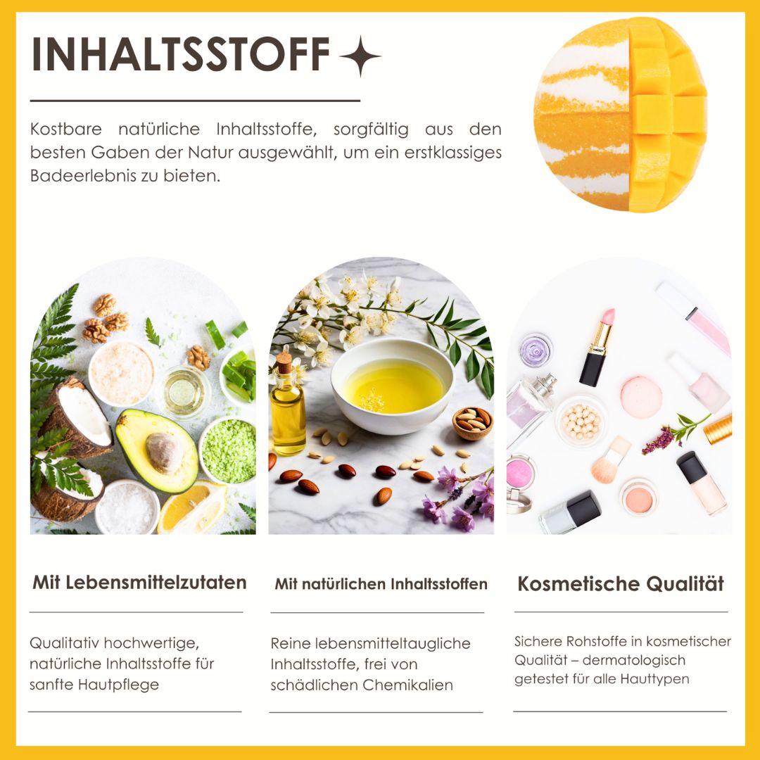 Grafik mit Inhaltsstoffen. Kokosnuss, Avocado, Mandel, Öl, Lippenstift, Kosmetikprodukte. Text: Lebensmittelzutaten, natürliche Inhaltsstoffe.