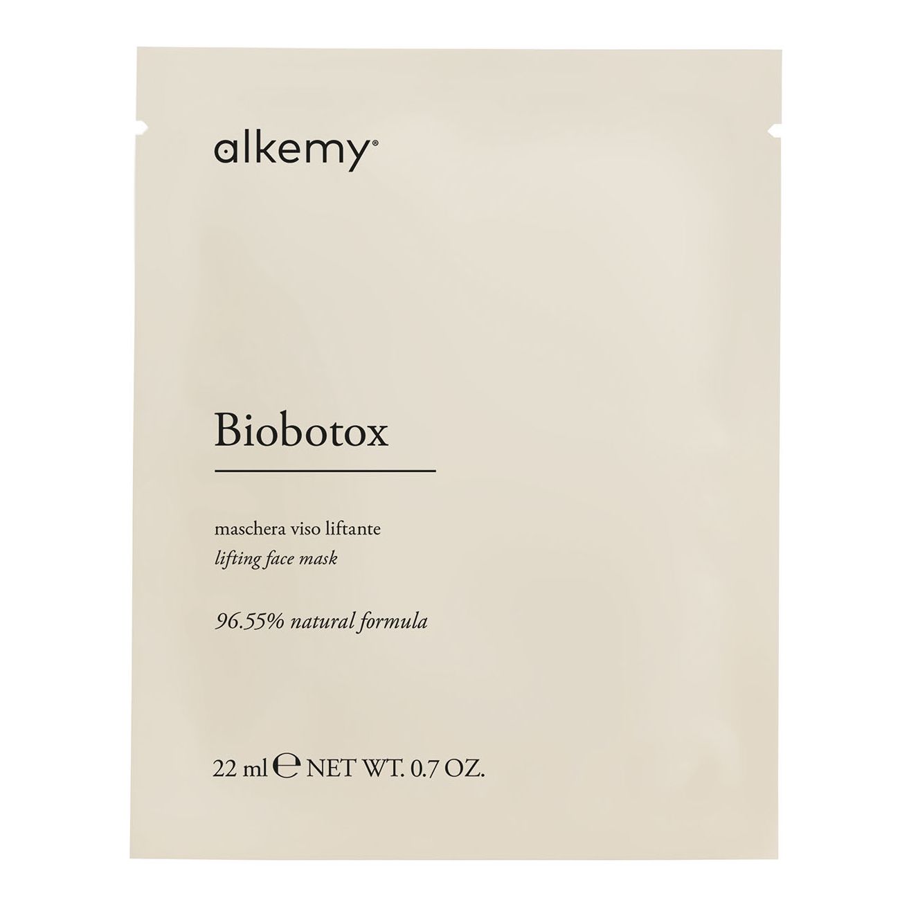 Vorderseite einer Alkemy Biobotox Gesichtsmaskenverpackung.