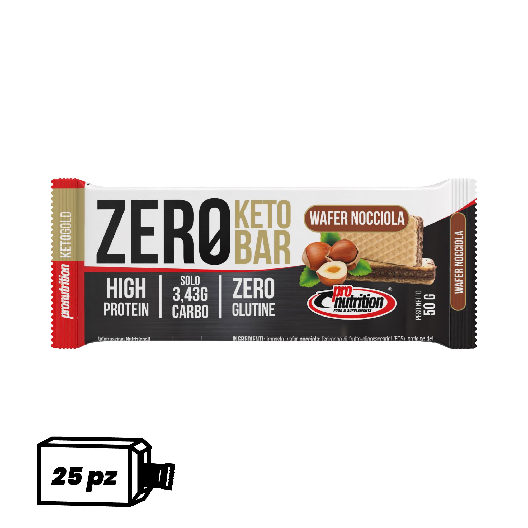 Pronutrition Barretta chetogenica Zero Keto Bar (25 pezzi x 50 gr, Wafer nocciola)