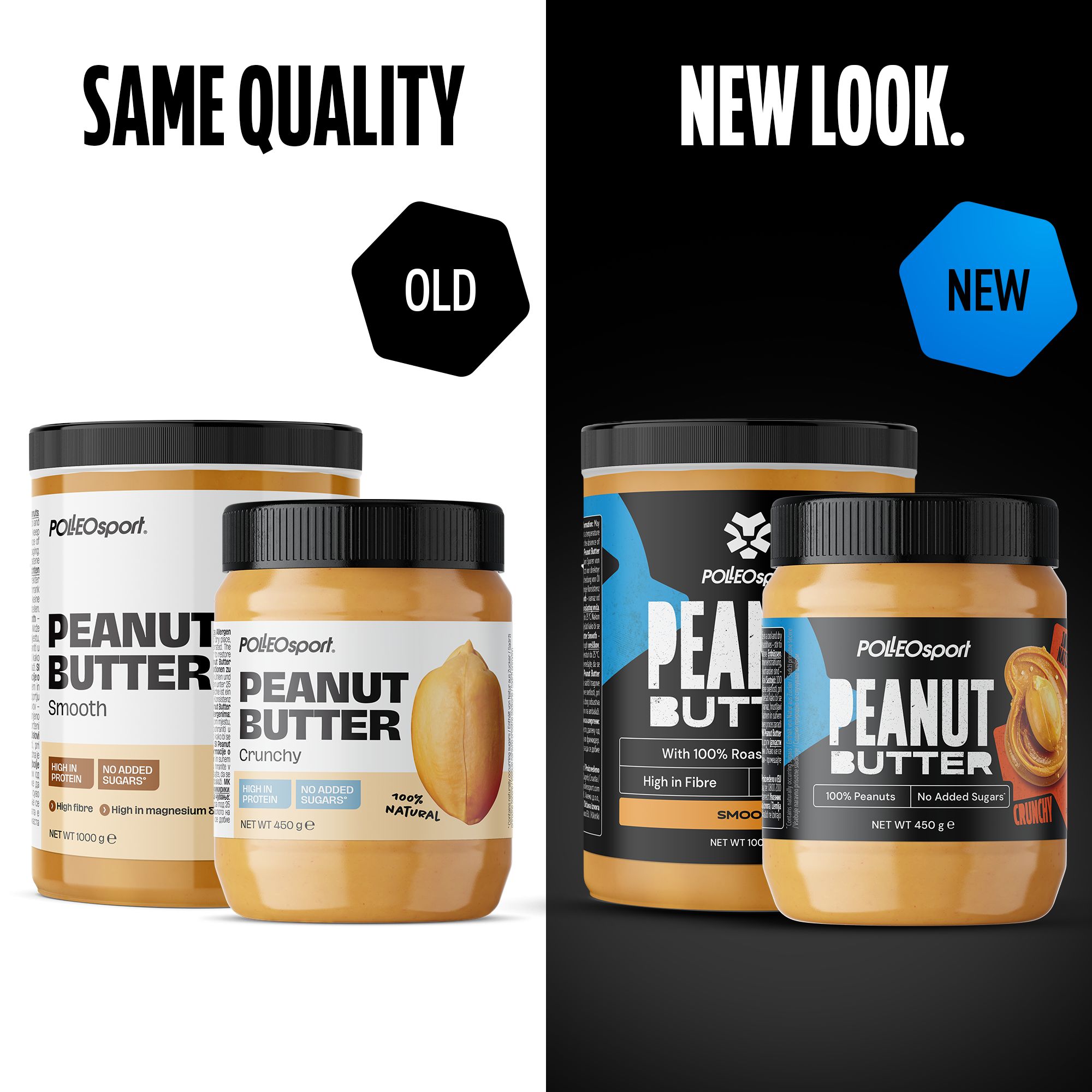 Vergleich von Erdnussbutter-Gläsern. Links: altes Design. Rechts: neues Design. Aufschrift: Polleo Sport Peanut Butter, Smooth und Crunchy.