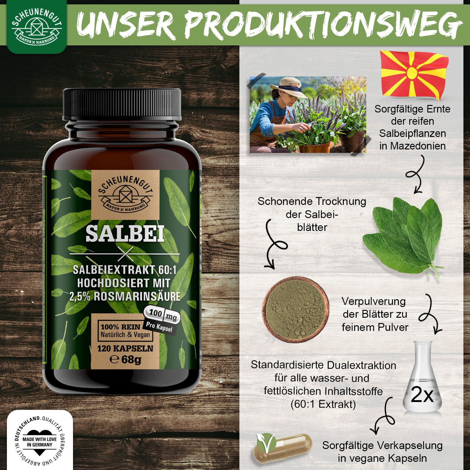 Scheunengut® Salbei Extrakt 60:1 | Hochdosiert mit mindestens 2,5% Rosmarinsäure 120 St Kapseln