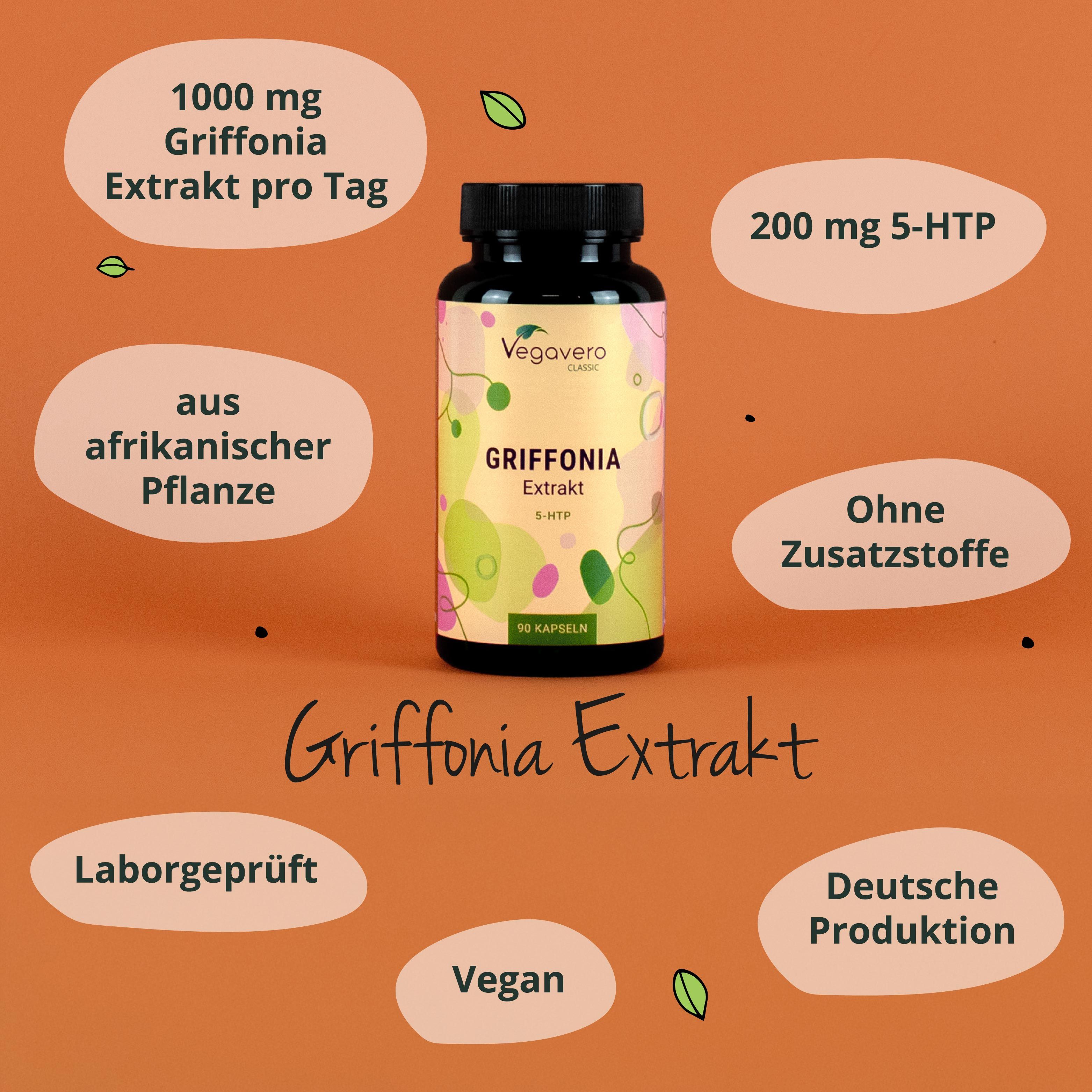 Grüne Flasche mit schwarzen Deckel. Aufschrift: Griffonia Extrakt 5-HTP. Marke: Vegavaro Classic. Zusätzliche Informationen um die Flasche.