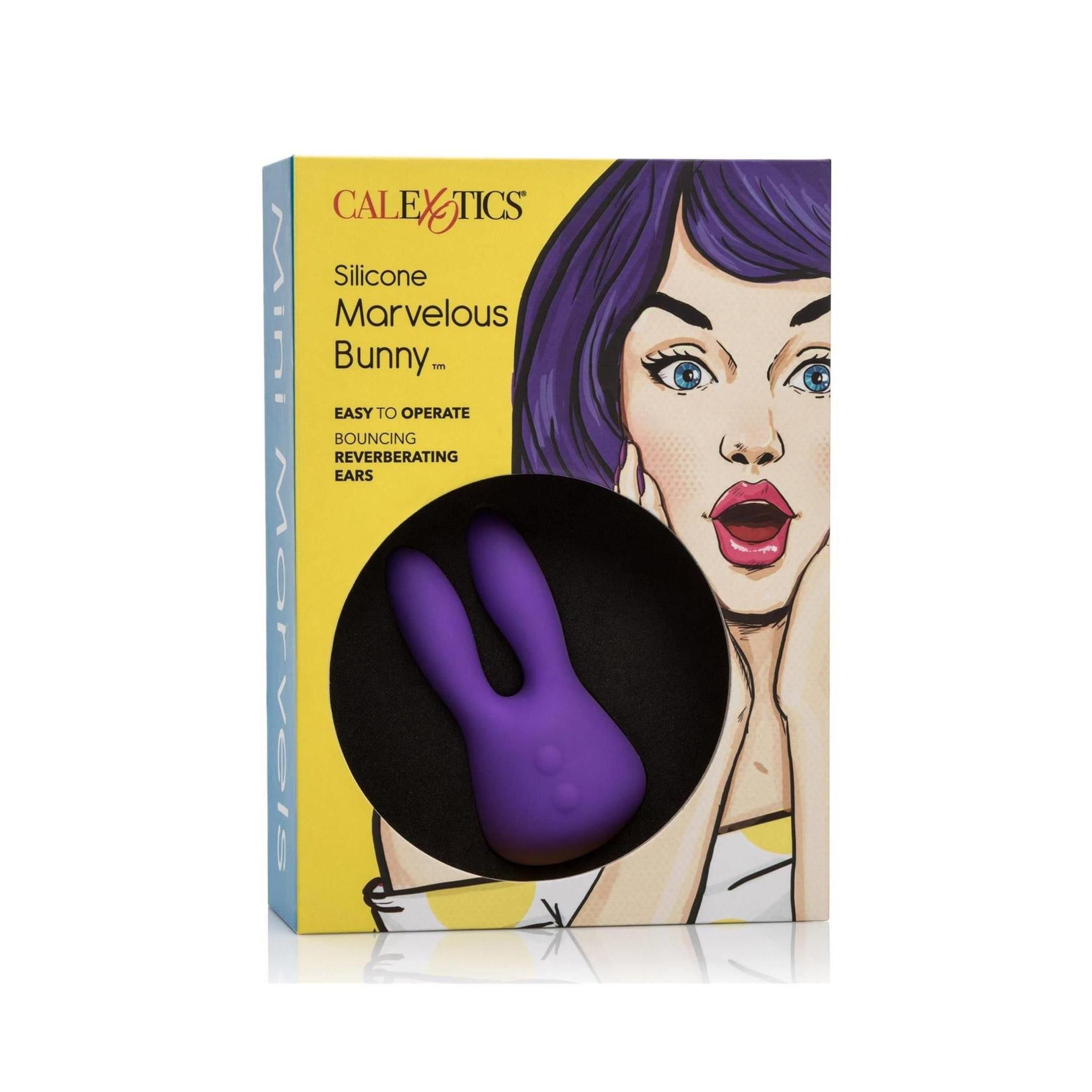 Verpackung mit lila Silikon-Vibrator in Hasenform. Aufdruck: CalExotics, Silicone Marvelous Bunny. Gelbe und blaue Akzente.
