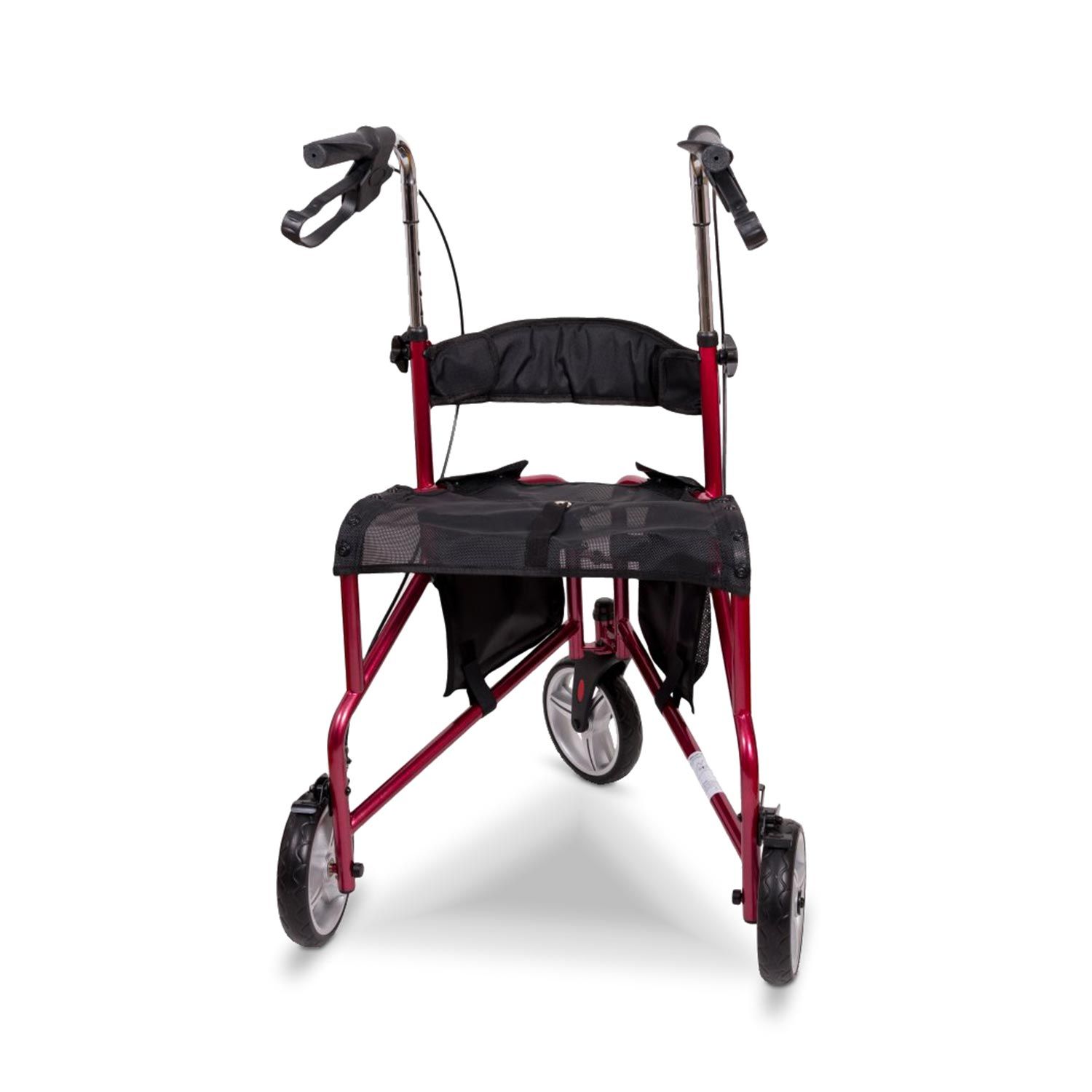 Dreirad-Rollator, rot, Frontansicht. Schwarzer Sitz, zwei Taschen. Drei Räder, höhenverstellbar. Schwarze Griffe.