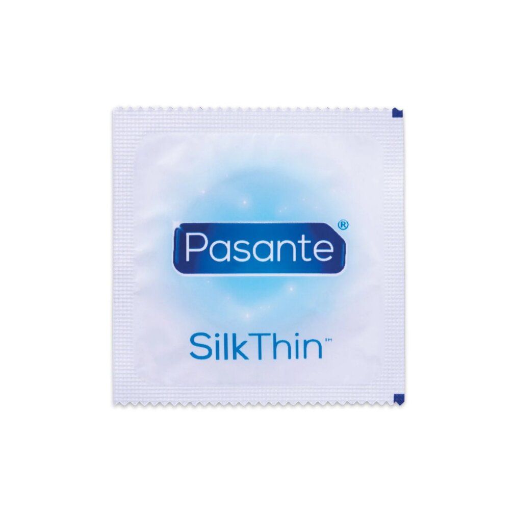 Quadratische Verpackung von Pasante Silk Thin Kondomen. Weiß mit blauem Logo.