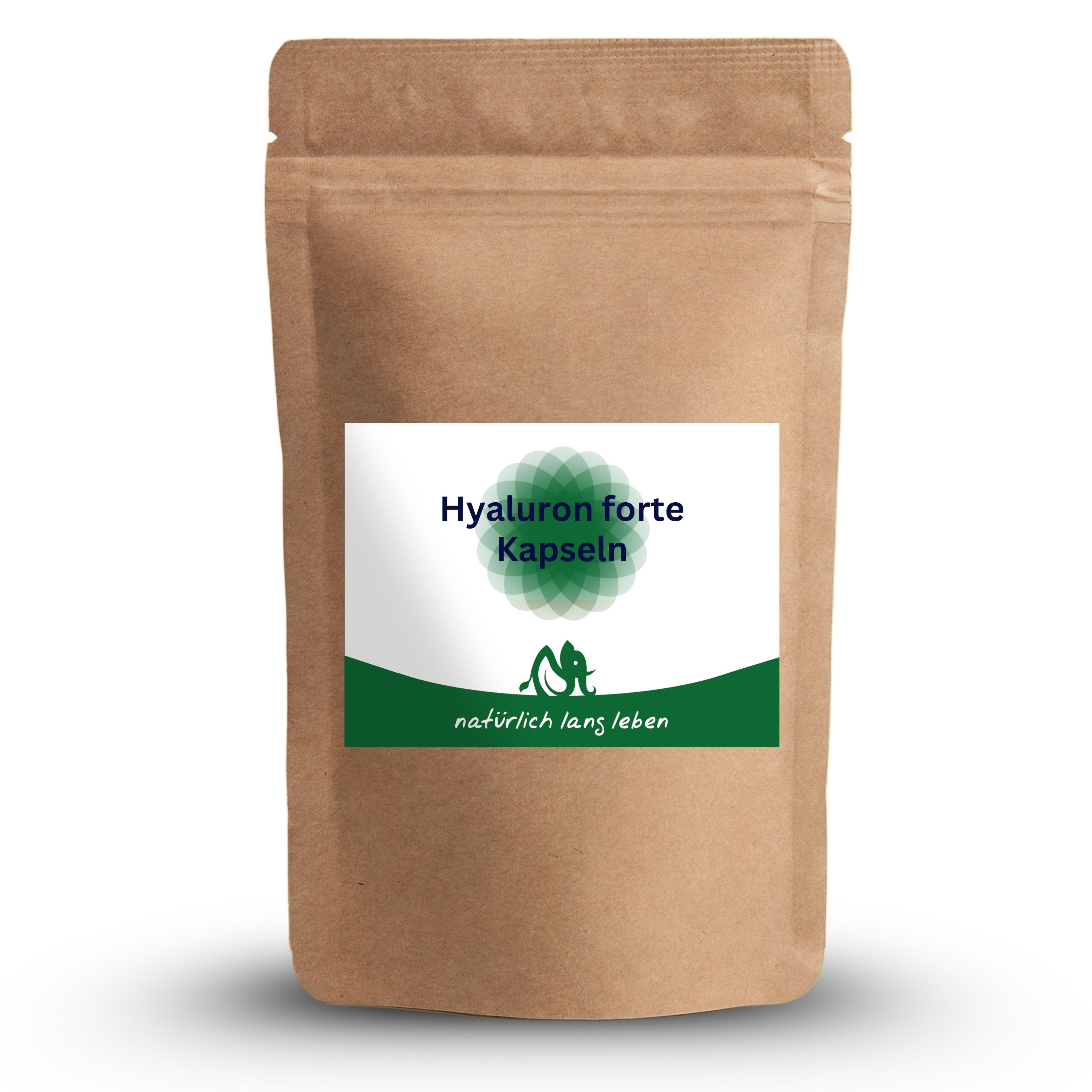 Braune Tüte mit Etikett. Aufschrift: Hyaluron forte Kapseln, natürlich lang leben. Grünes Logo.
