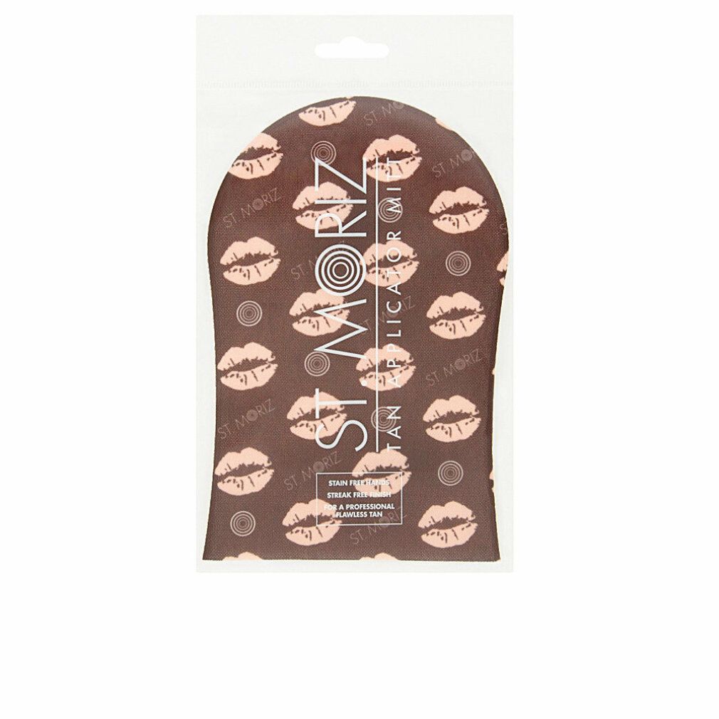 Applikator-Handschuh in Plastikverpackung. Brauner Handschuh mit Lippen-Muster und ST. MORIZ-Logo. Für streifenfreie, professionelle Bräune.