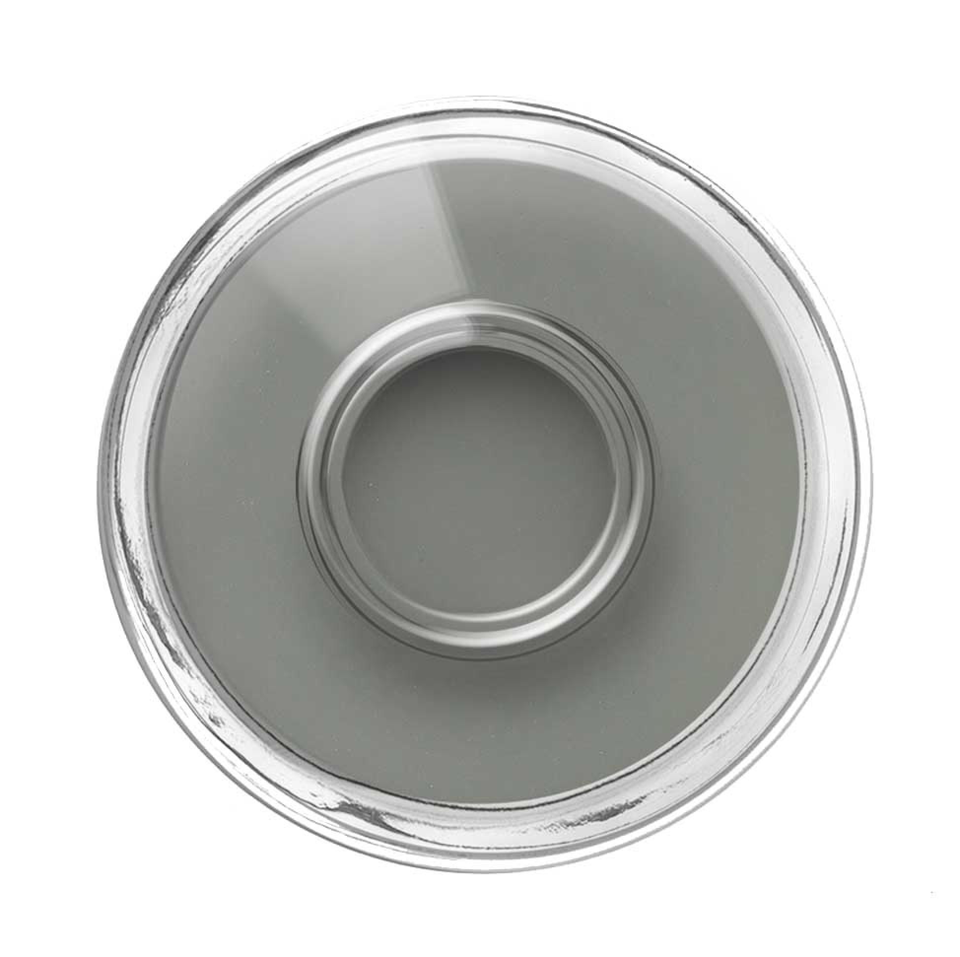 Draufsicht auf eine graue Nagellackflasche. Runde Form, transparente Glasflasche.