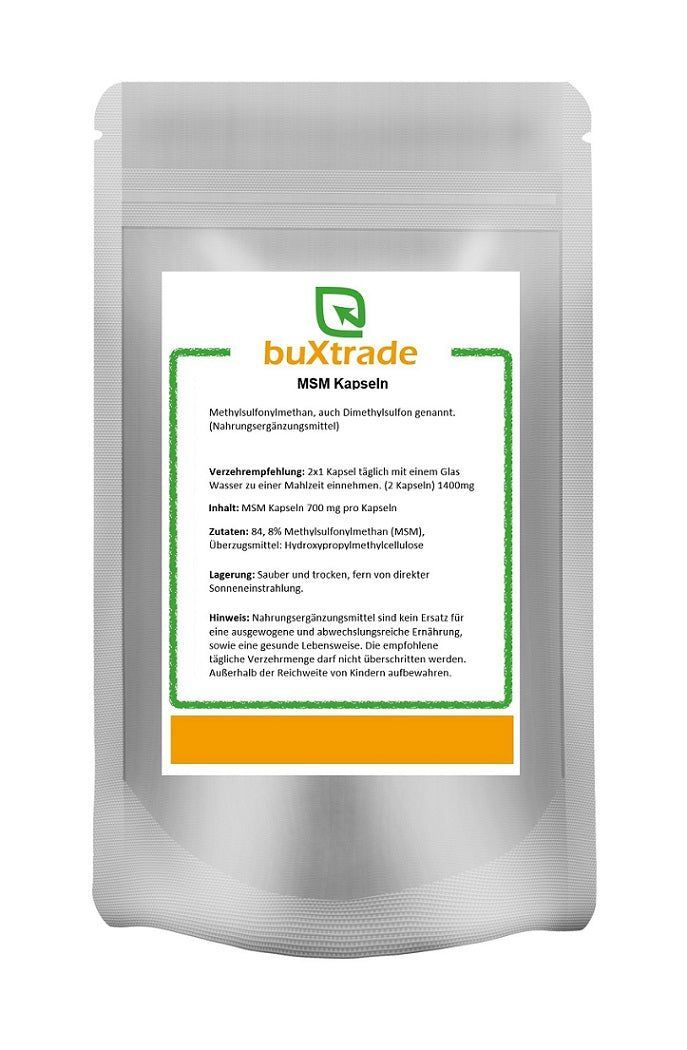 Beutel mit weißem Etikett. Aufschrift: buXtrade MSM Kapseln. Grün umrandeter Textbereich mit Produktinformationen.