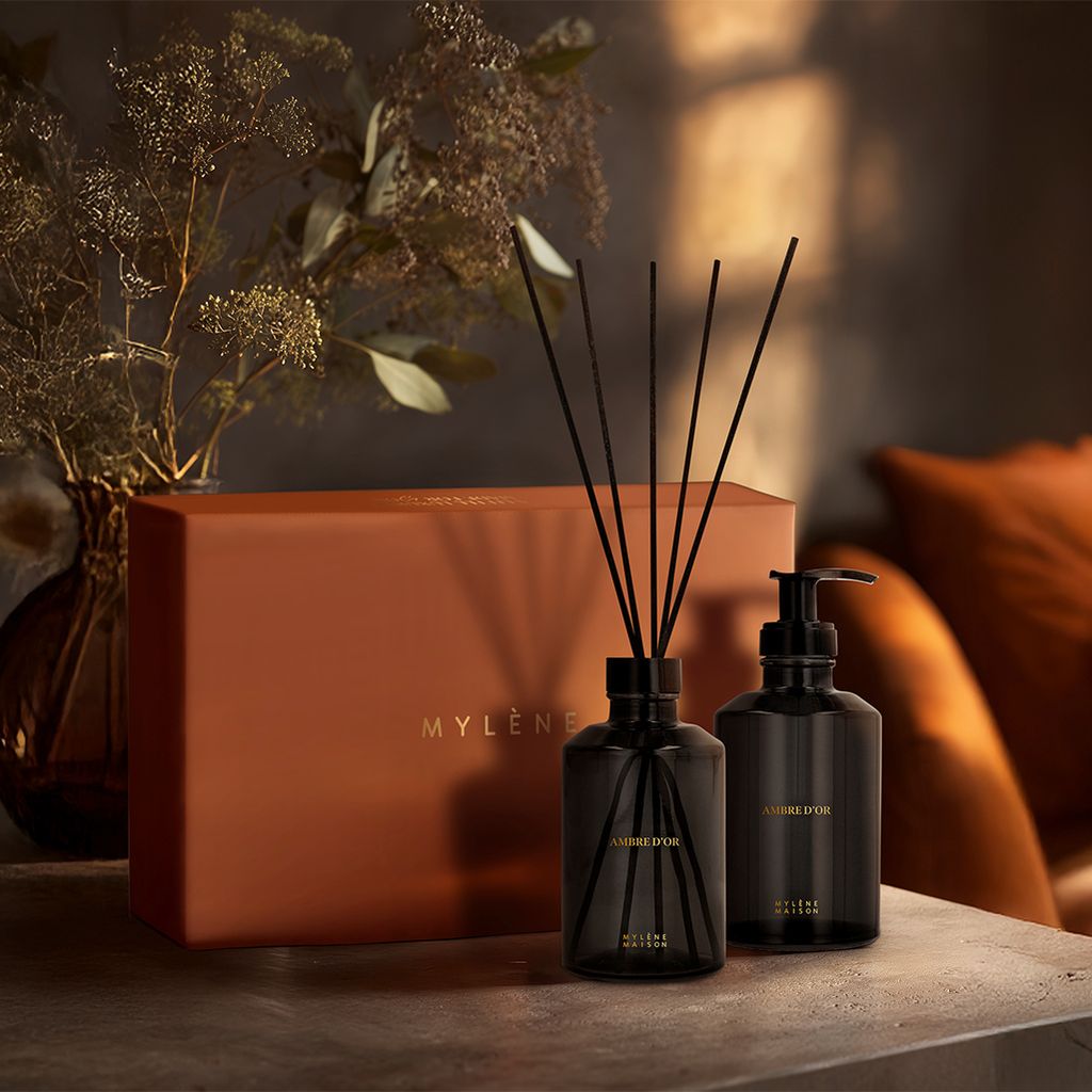 MYLÈNE Ambre d'Or Geschenkbox – Raumduft & Handseife, warmer Amberduft, 2-teilig.