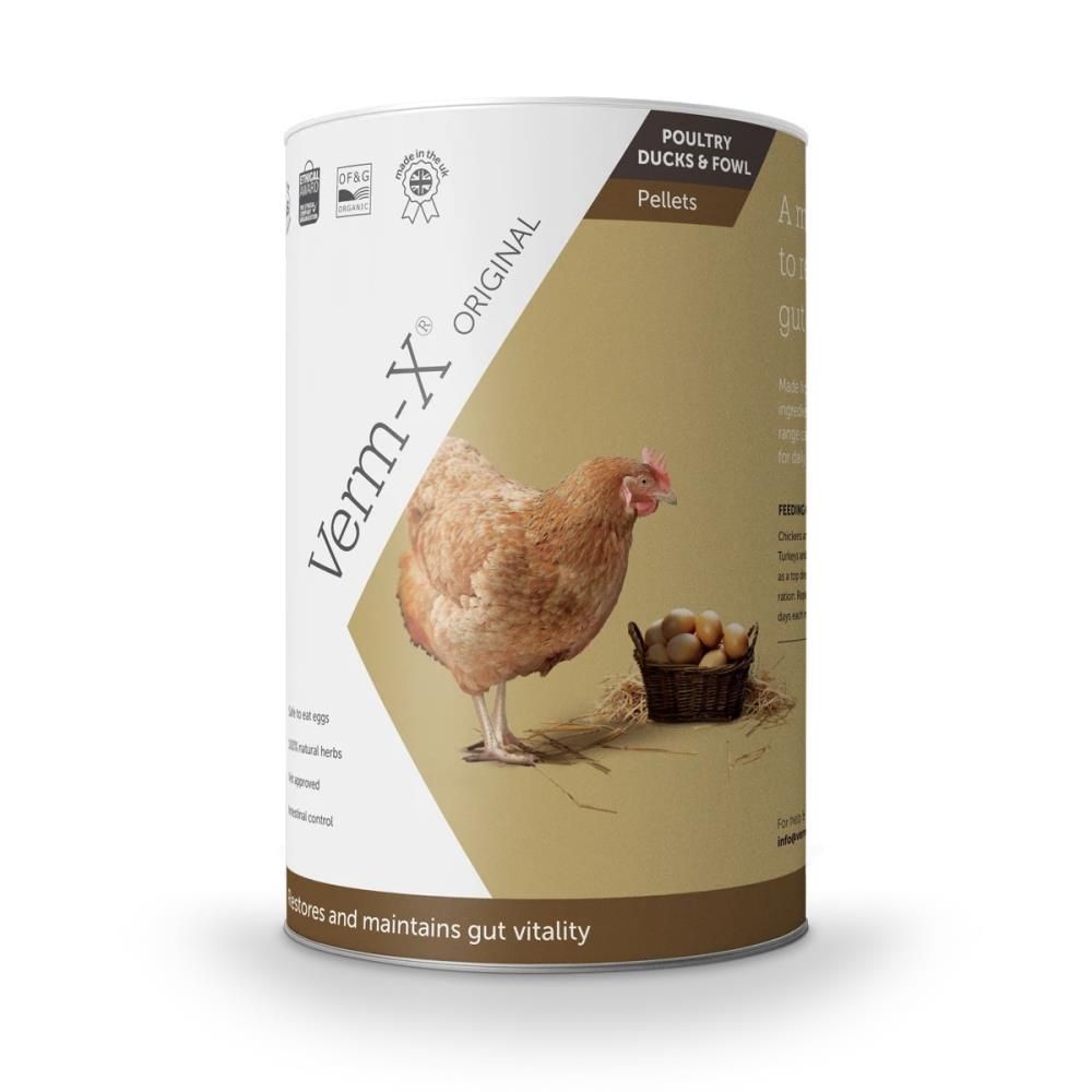 Zylindrische Dose mit Pellets. Aufschrift: Verm-X Original. Abbildung eines Huhns und Eierkorb. Für Geflügel, Enten und Vögel.
