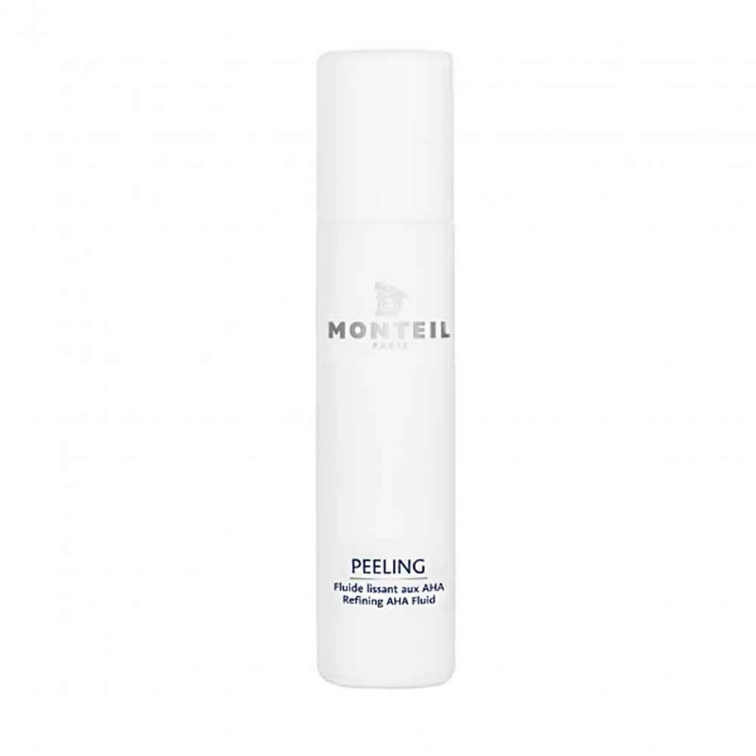 Weißes, zylindrisches Produkt. Oben steht "MONTEIL". Darunter "PEELING" und "Fluide lissant aux AHA Refining AHA Fluid".