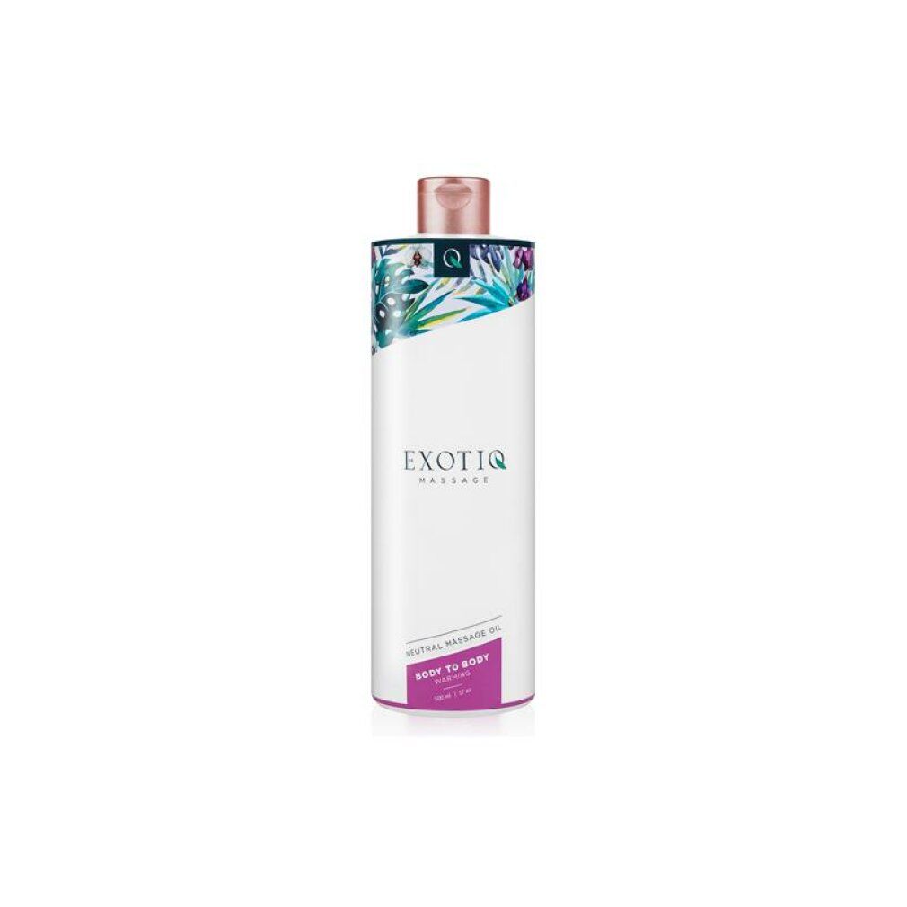 Weiße Flasche mit floralem Muster und rosafarbenem Deckel. Text: EXOTIQ, Neutral Massage Oil, Body to Body Warming.