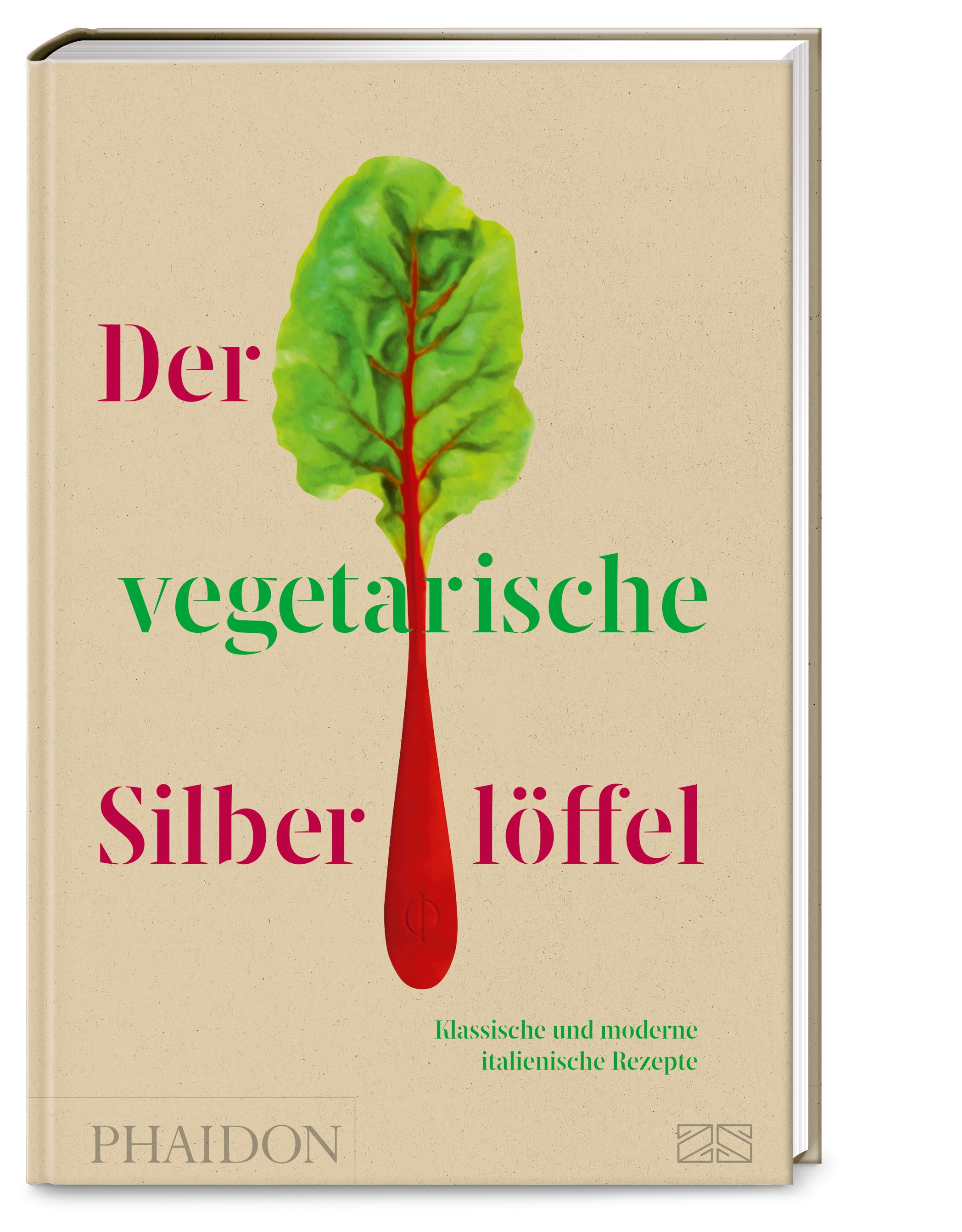 Buchcover mit Titel "Der vegetarische Silberlöffel". Illustration: Blatt mit rotem Stiel. Verlag: Phaidon.