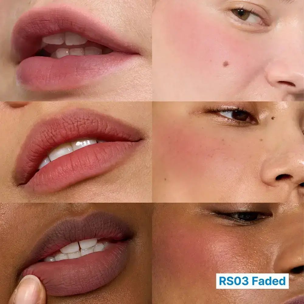 Mehrere Gesichter mit Lippen und Wangen. Farbton RS03 Faded. Lippen und Wangen in Rosa.
