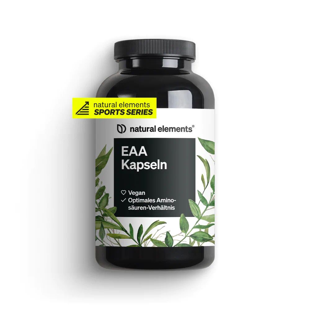 Schwarze Flasche mit Kapseln. Aufschrift: EAA Kapseln, Vegan, Optimales Aminosäuren-Verhältnis. Logo: natural elements SPORTS SERIES.