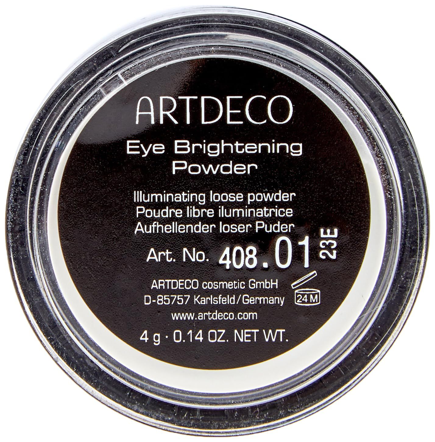 Runder Behälter mit schwarzem Deckel. Auf dem Etikett steht: ARTDECO Eye Brightening Powder, Art. No. 408.01, 4 g.