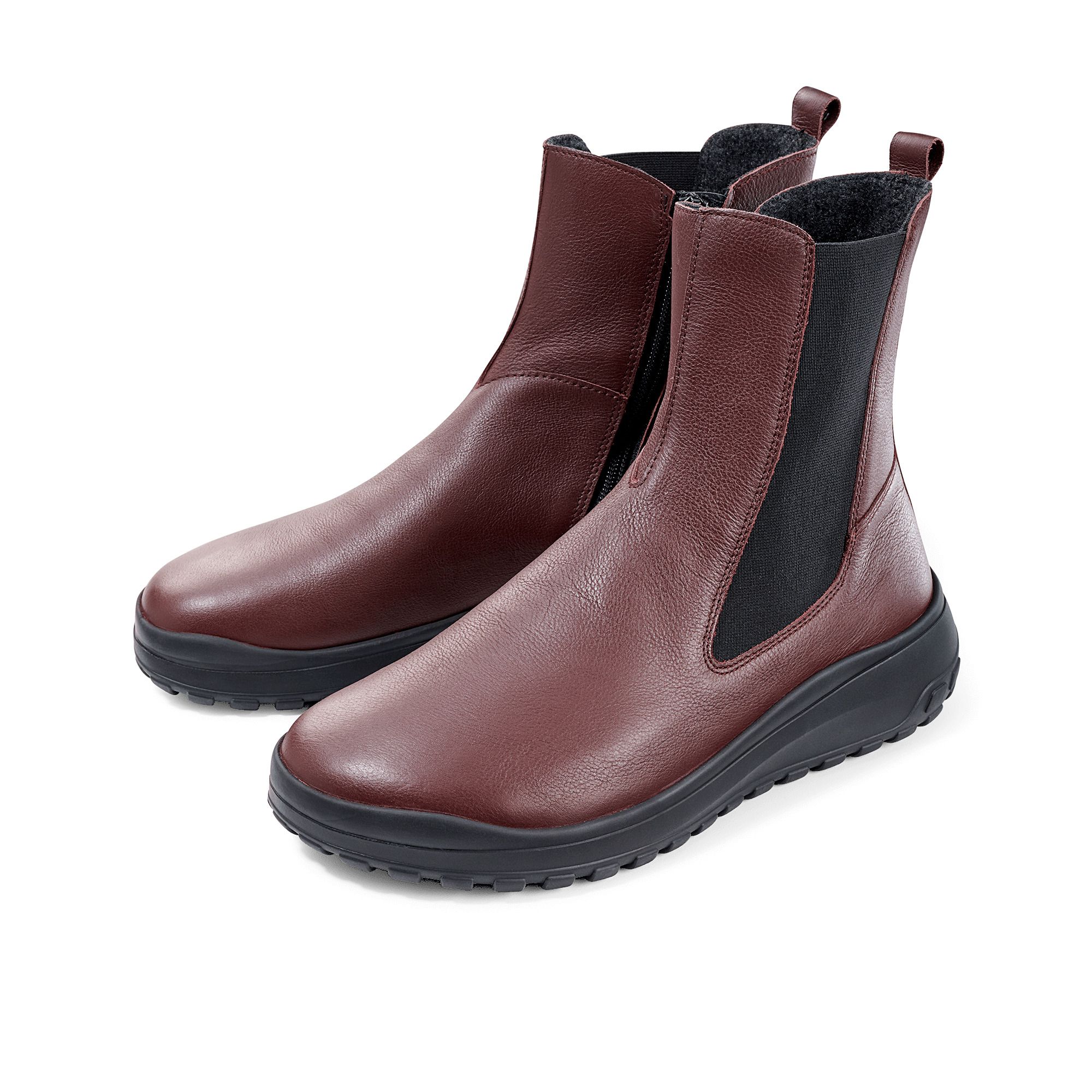 Paar dunkelbraune Leder-Stiefeletten mit schwarzen Gummisohlen und seitlichen Elastikeinsätzen.