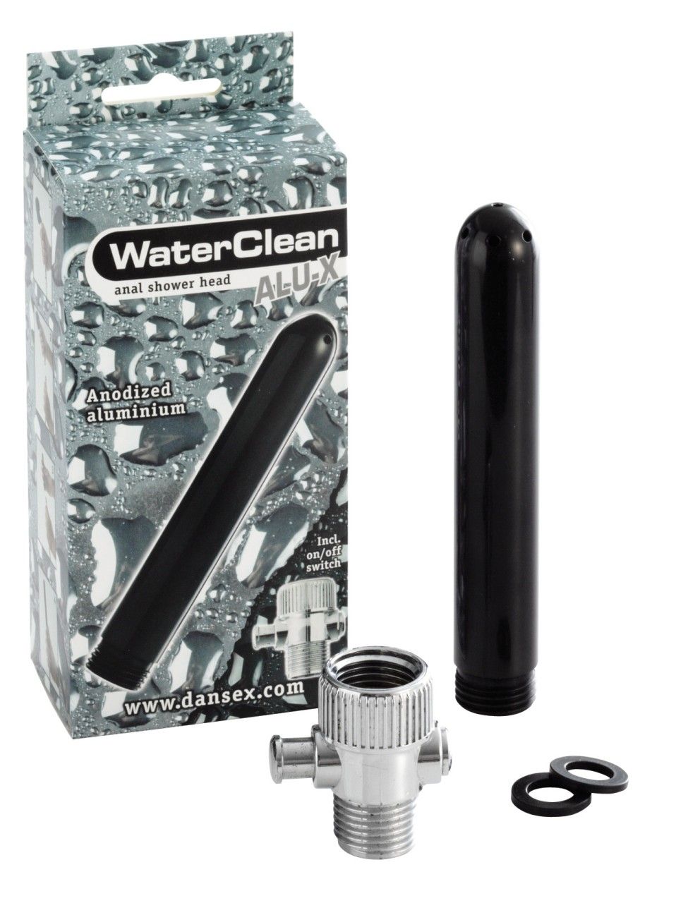 Schwarzer Duschkopf, Einzelteile und Verpackung. Aufschrift: WaterClean, Alu-X, eloxiertes Aluminium. Inkl. Ein/Aus-Schalter. www.dansex.com.