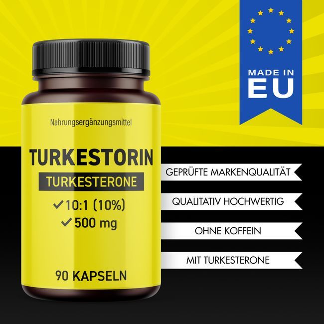 Braune Flasche mit gelbem Etikett. Aufschrift: TURKESTORIN, TURKESTERONE, 10:1 (10%), 500 mg, 90 Kapseln. Made in EU.