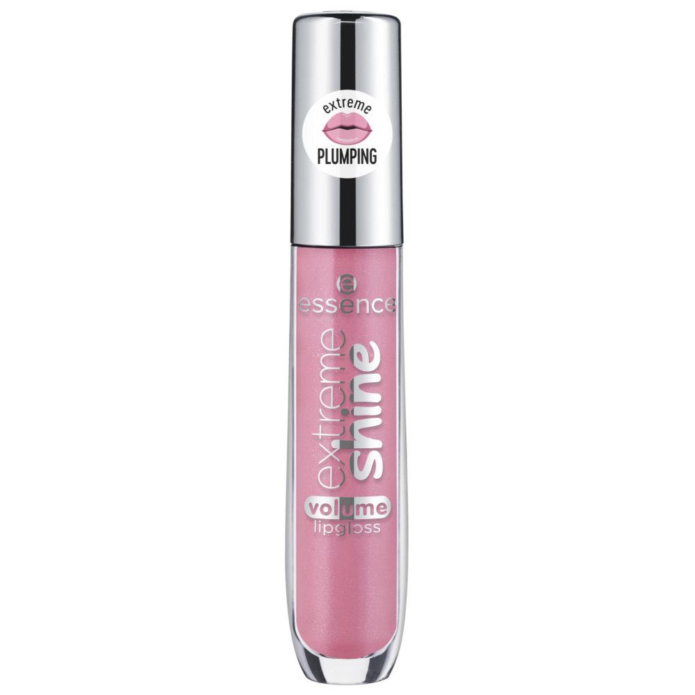Lipgloss-Tube mit rosa Inhalt. Aufschrift: Extreme Shine, Volume Lipgloss. Silberner Deckel mit Aufkleber: Plumping.