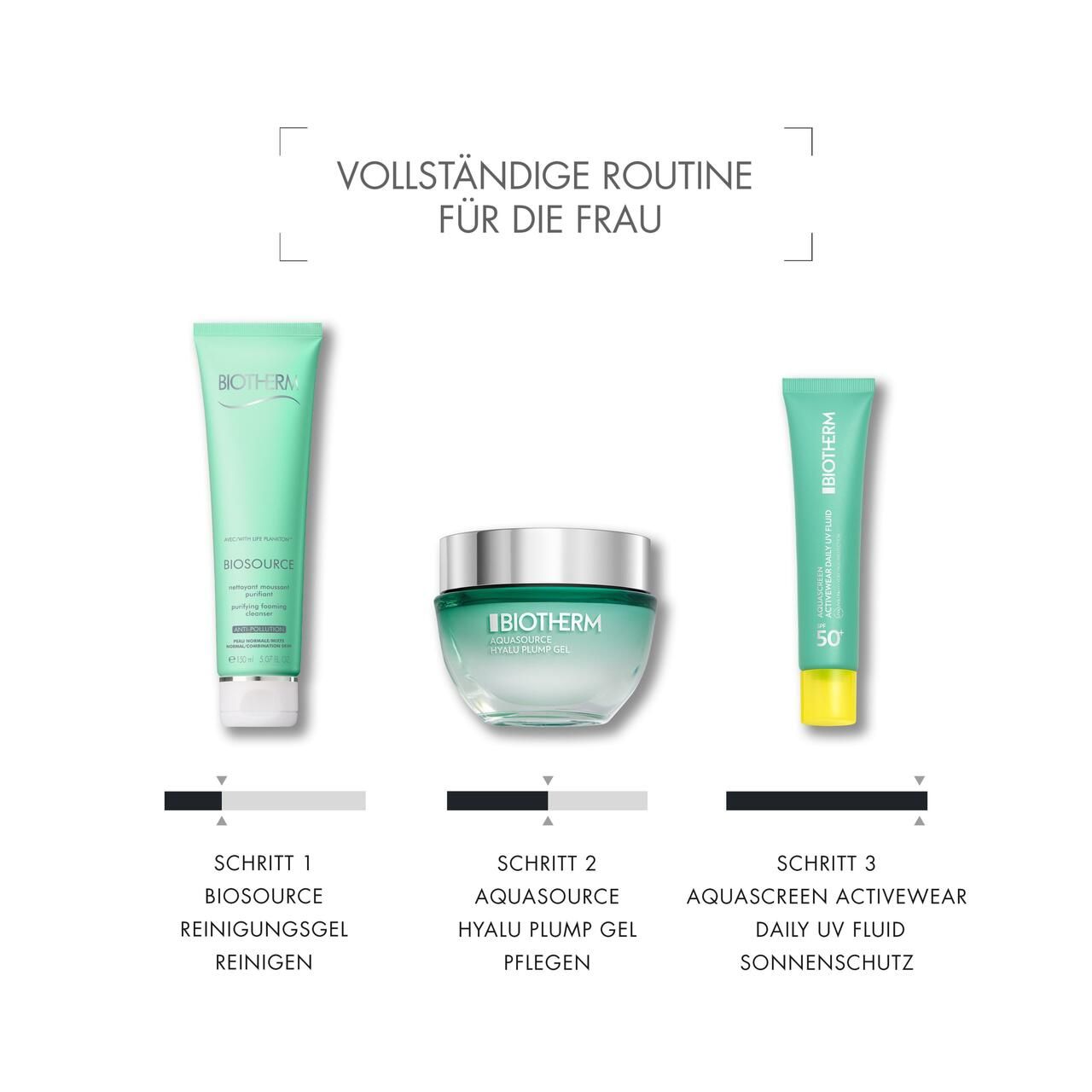 Drei Produkte. BIOTHERM Biosource Reinigungsgel, Aquasource Hyalu Plump Gel, Aquascreen.