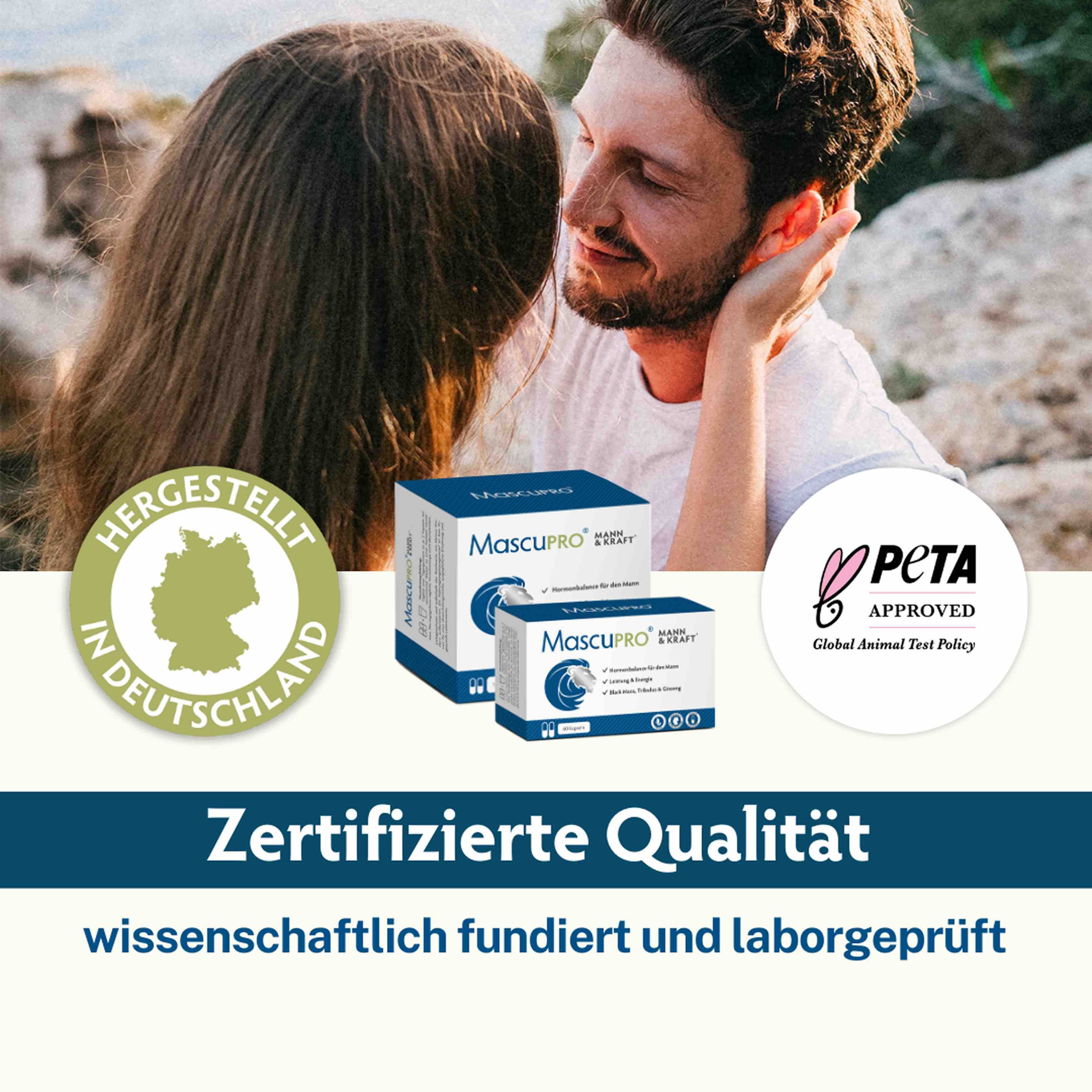 Zwei Schachteln MascuPRO®. PETA-Logo. Text: "Hergestellt in Deutschland", "Zertifizierte Qualität". Paar im Hintergrund.